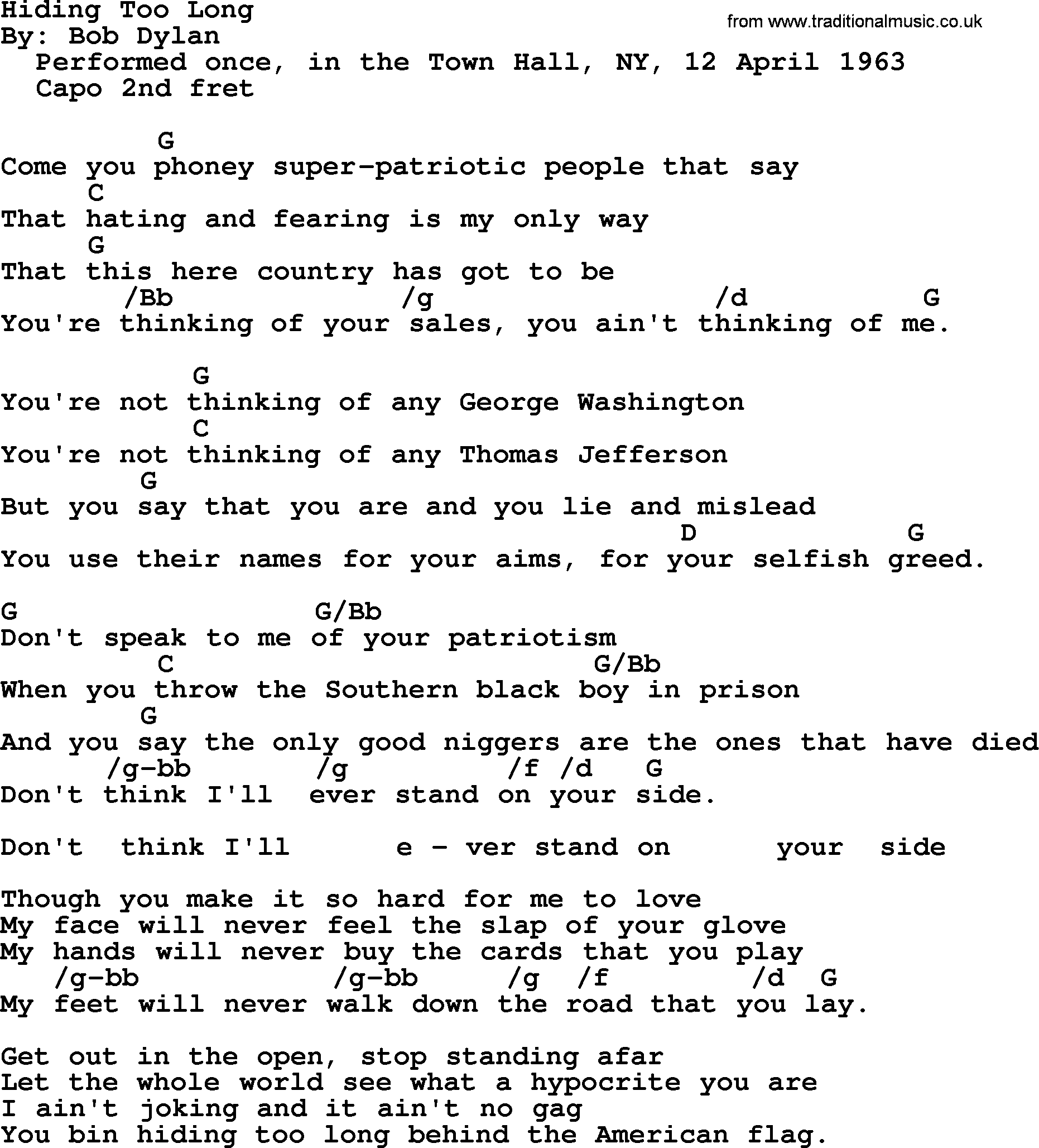 Bob Dylan song, lyrics with chords - Hiding Too Long