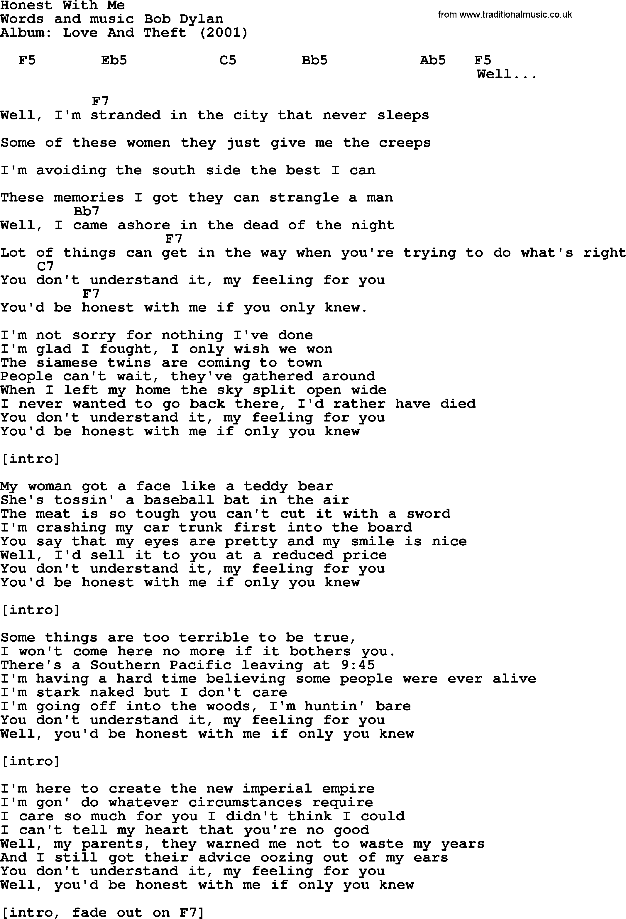 Bob Dylan song, lyrics with chords - Honest With Me