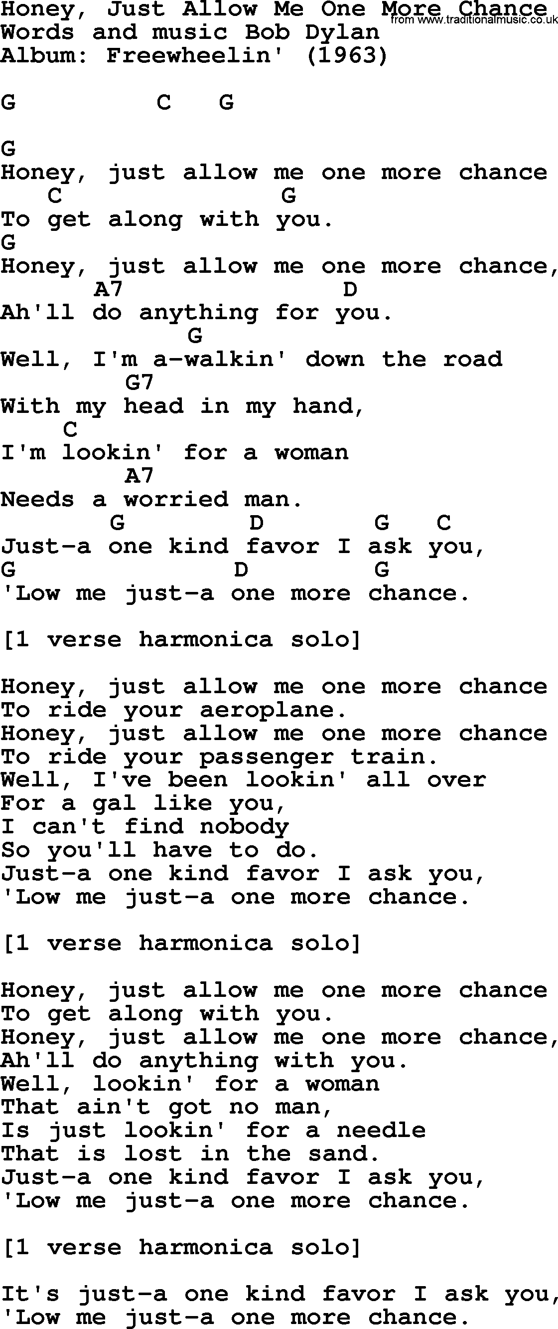 Bob Dylan song, lyrics with chords - Honey, Just Allow Me One More Chance