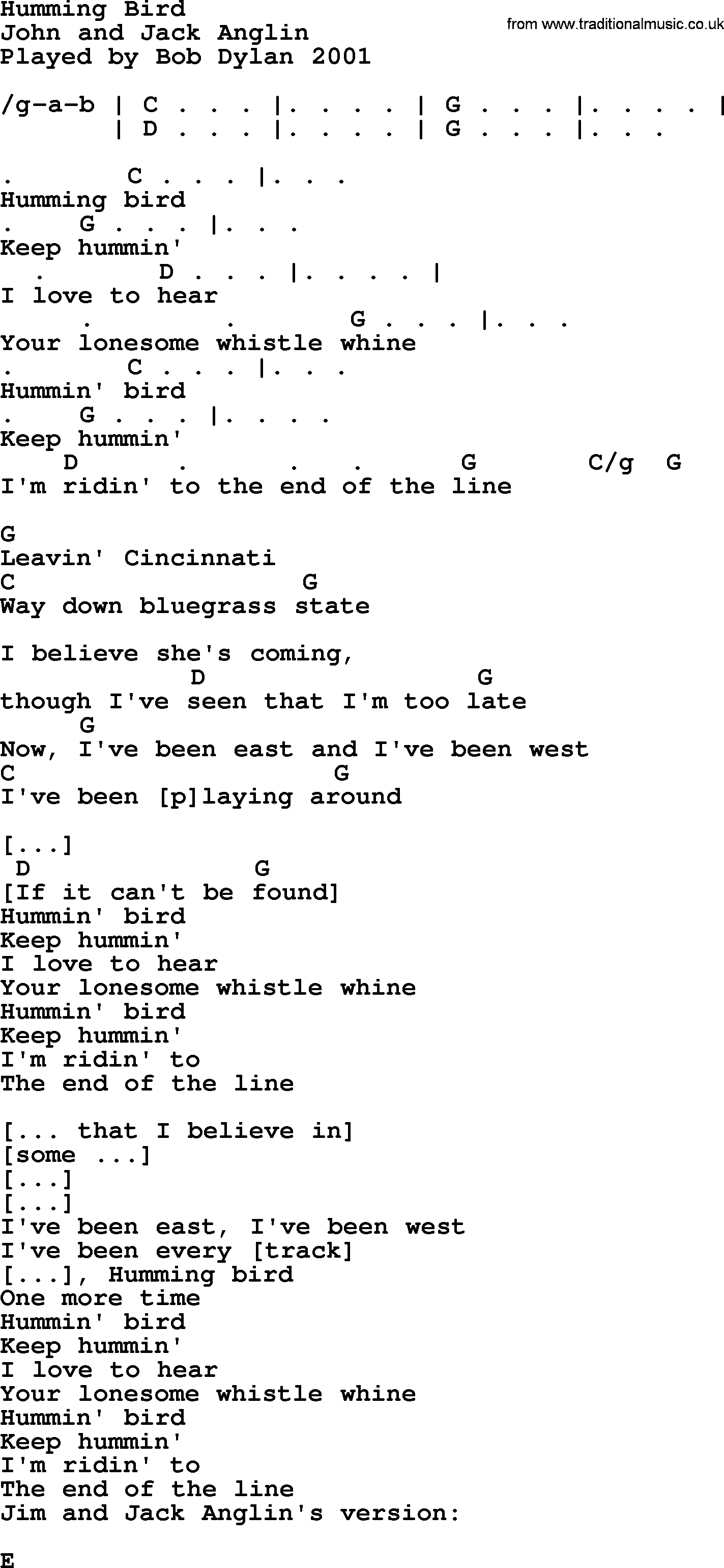 Bob Dylan song, lyrics with chords - Humming Bird