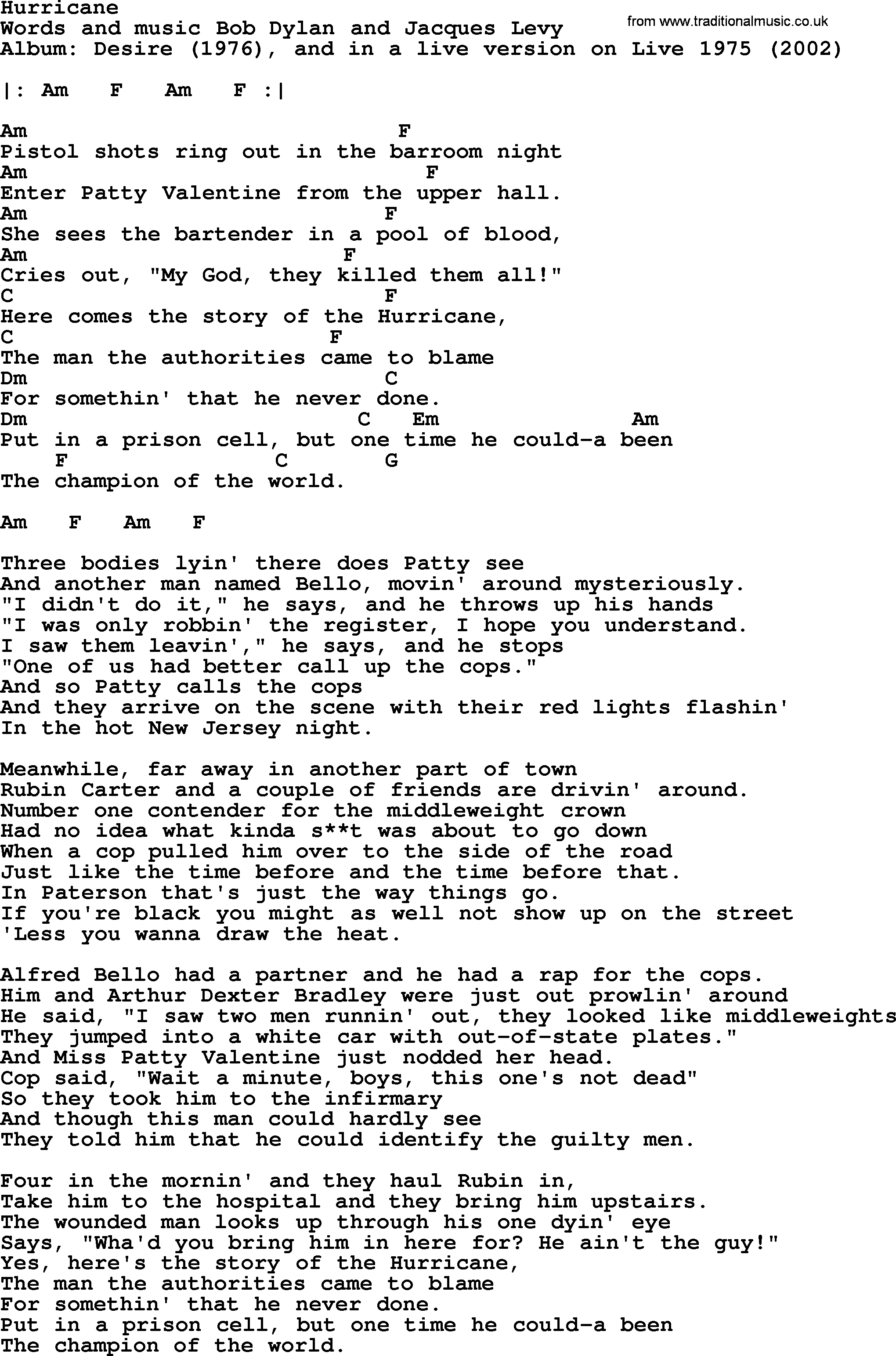 Bob Dylan song, lyrics with chords - Hurricane