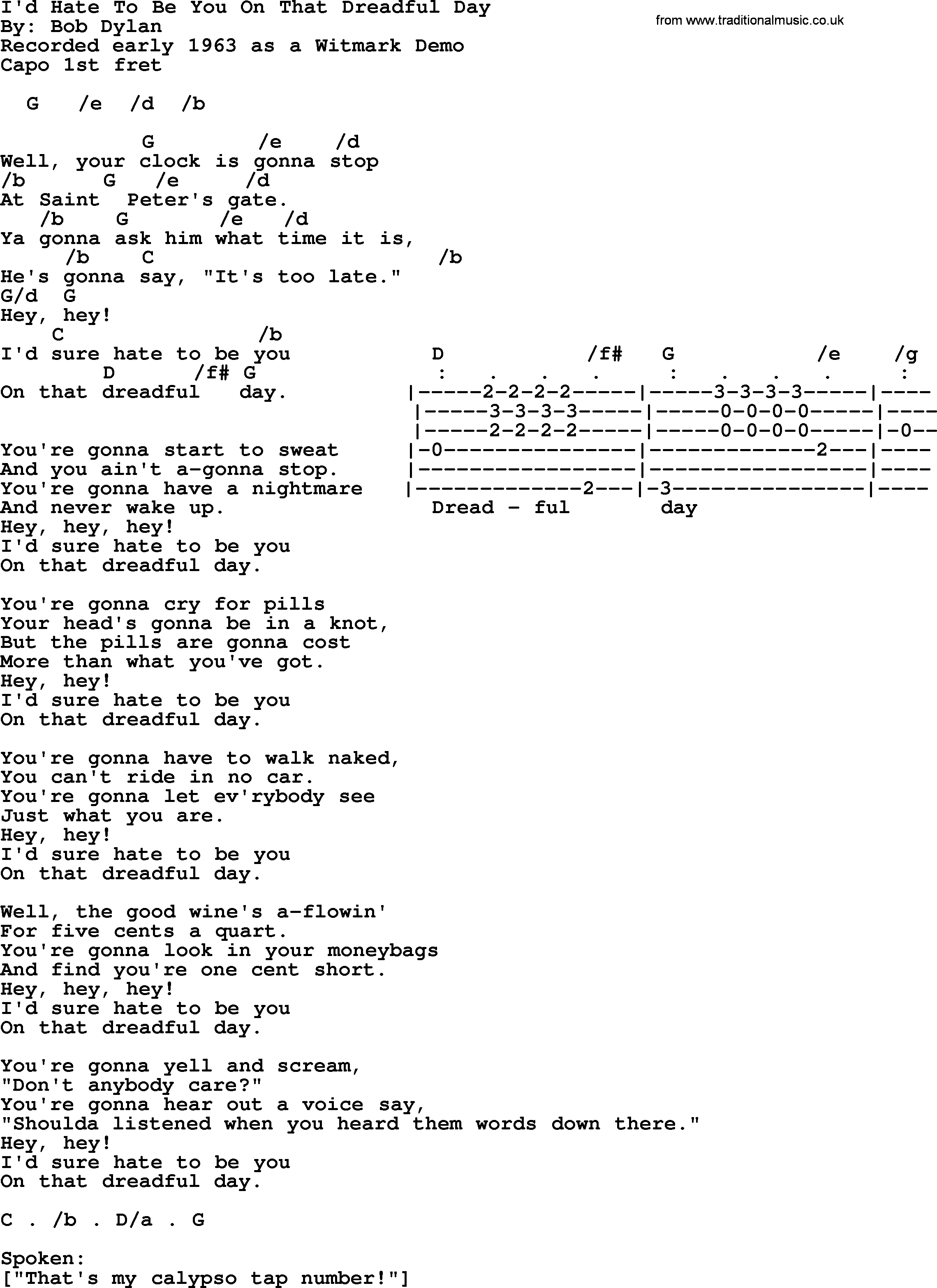 Bob Dylan song, lyrics with chords - I'd Hate To Be You On That Dreadful Day