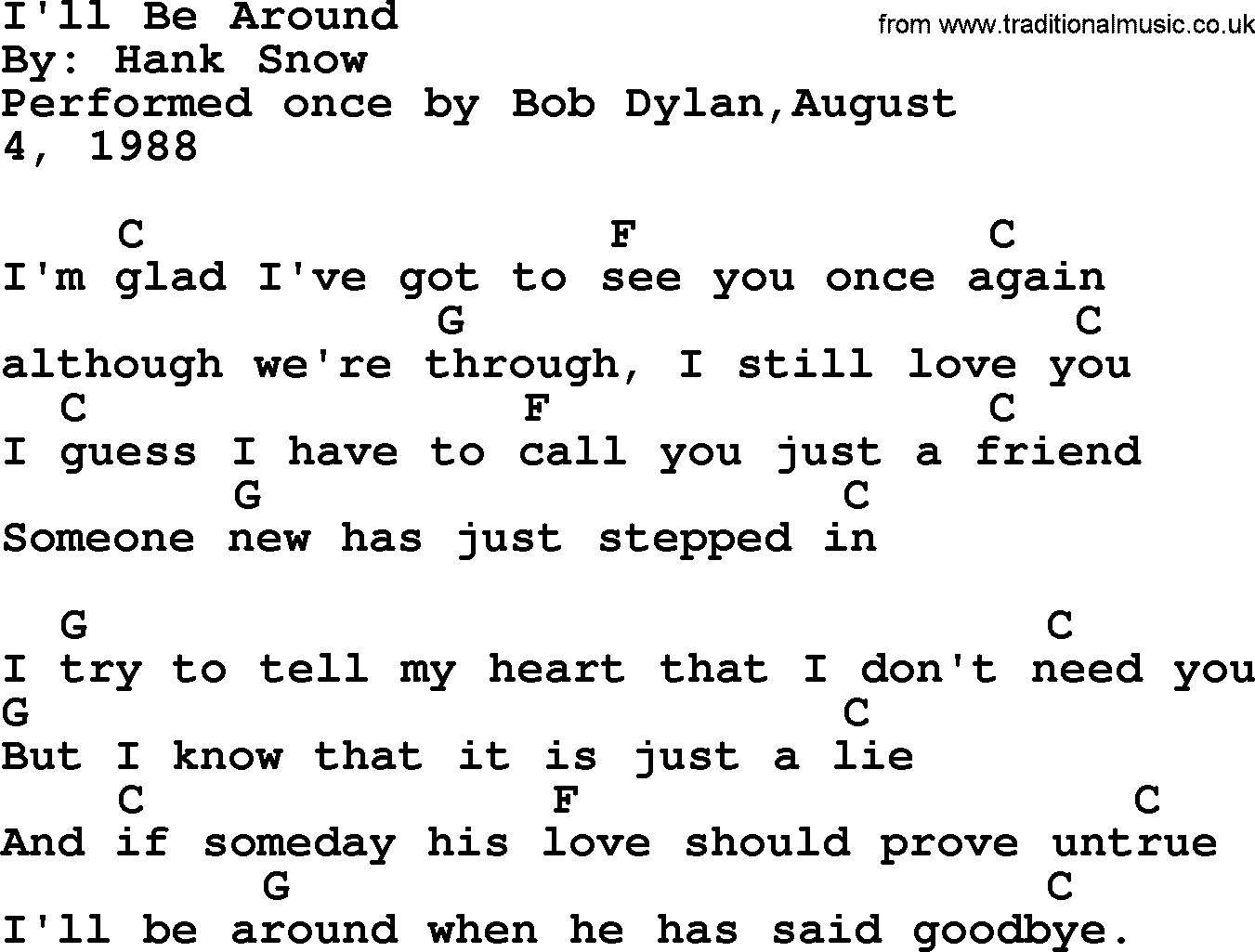 Bob Dylan song, lyrics with chords - I'll Be Around