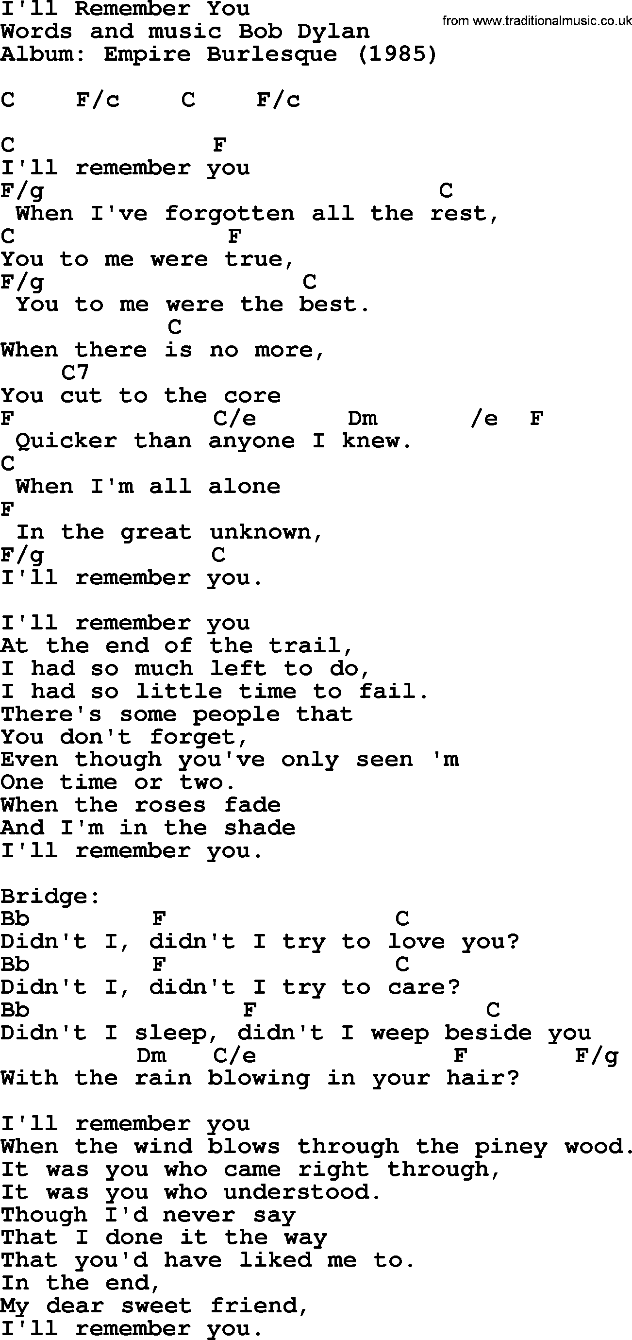Bob Dylan song, lyrics with chords - I'll Remember You