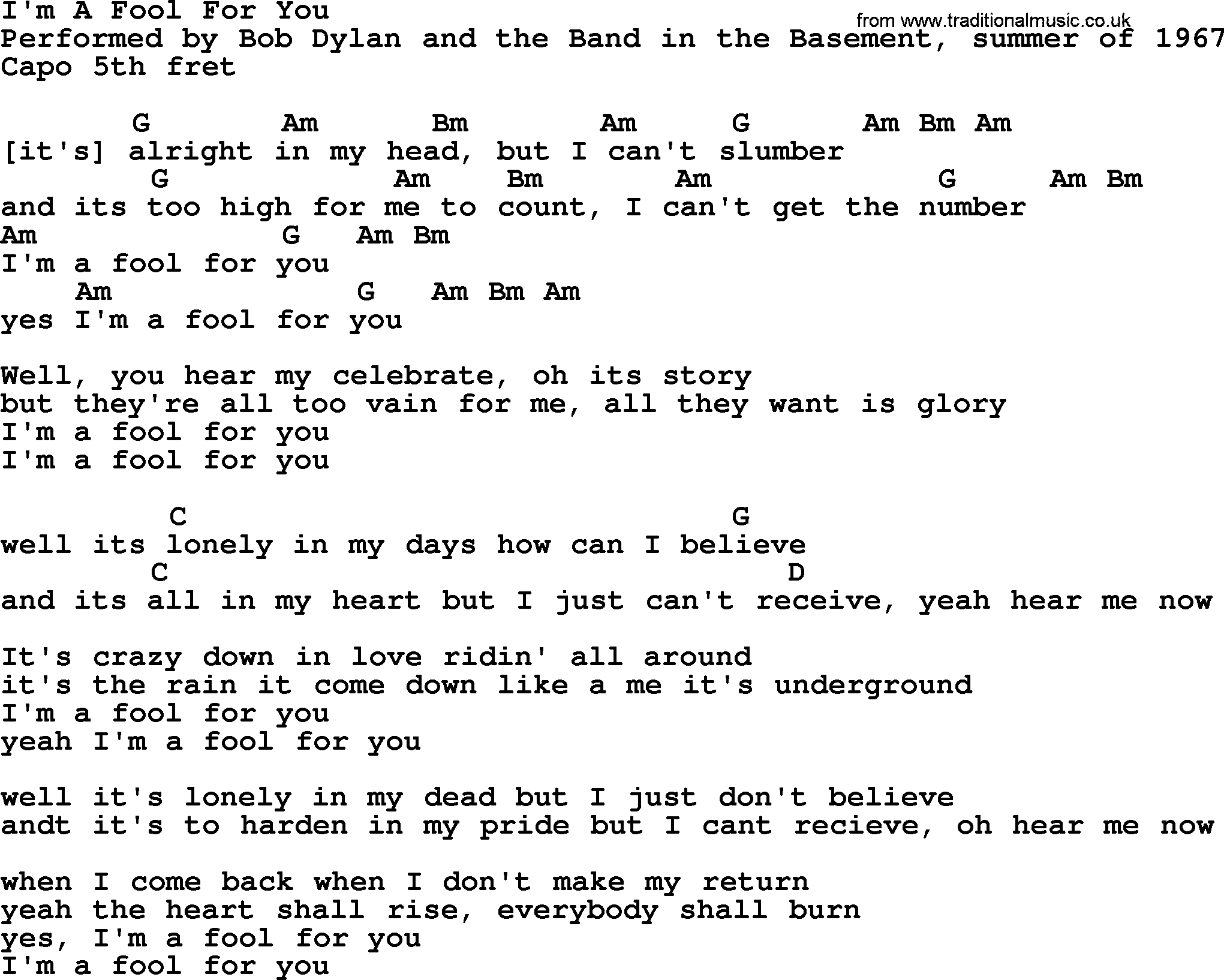 Bob Dylan song, lyrics with chords - I'm A Fool For You