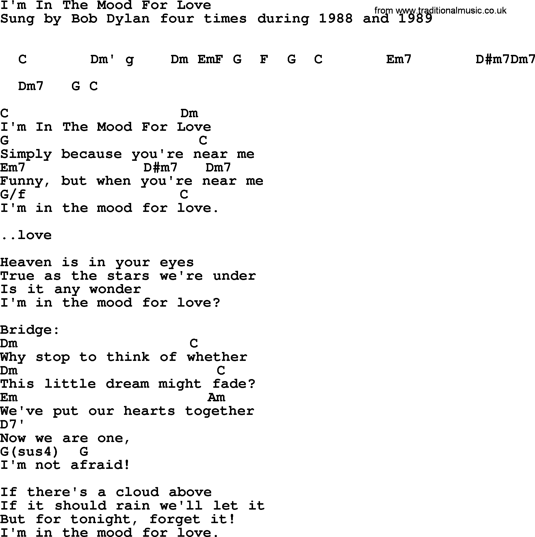 Bob Dylan song, lyrics with chords - I'm In The Mood For Love