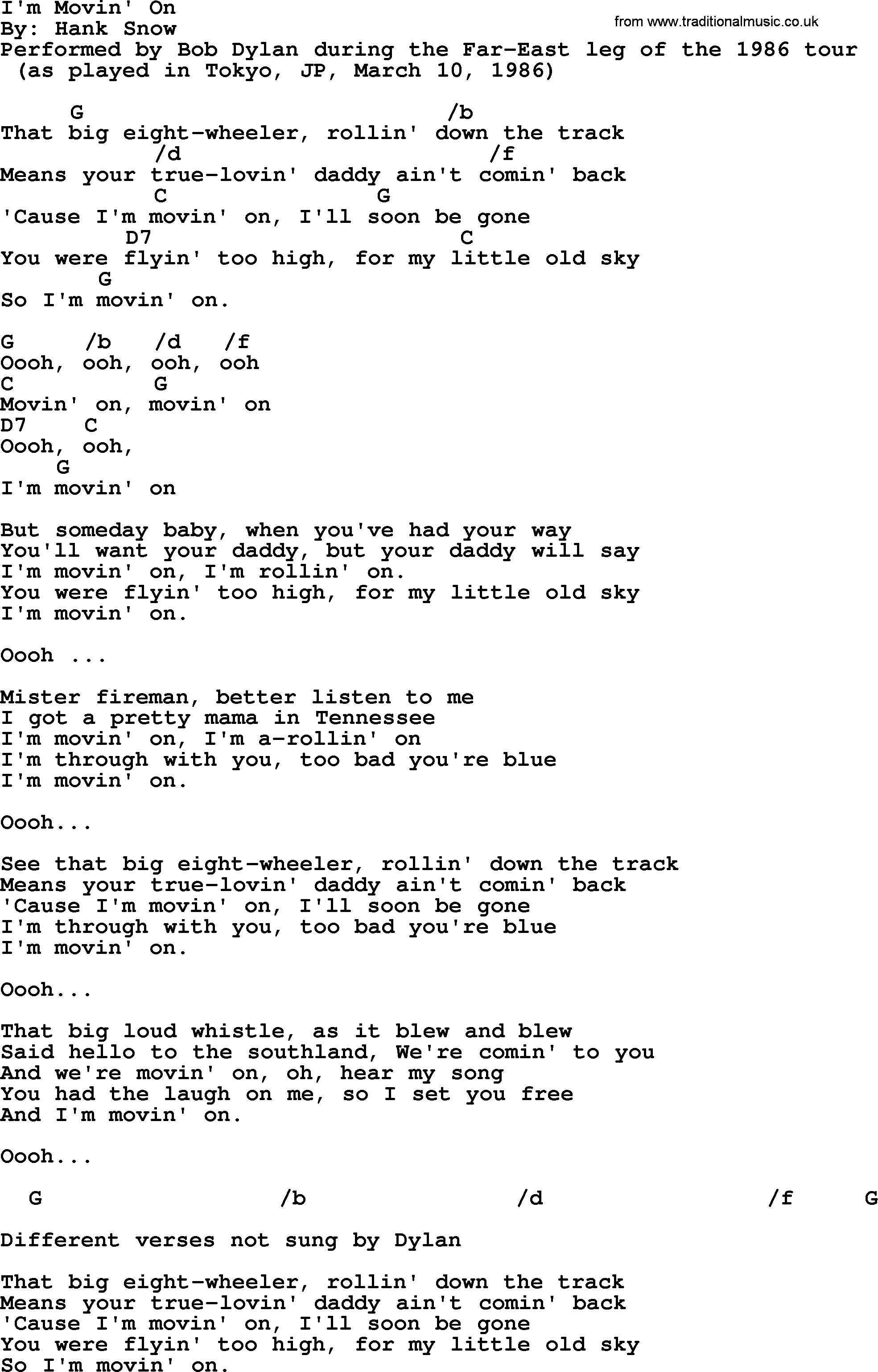 Bob Dylan song, lyrics with chords - I'm Movin' On