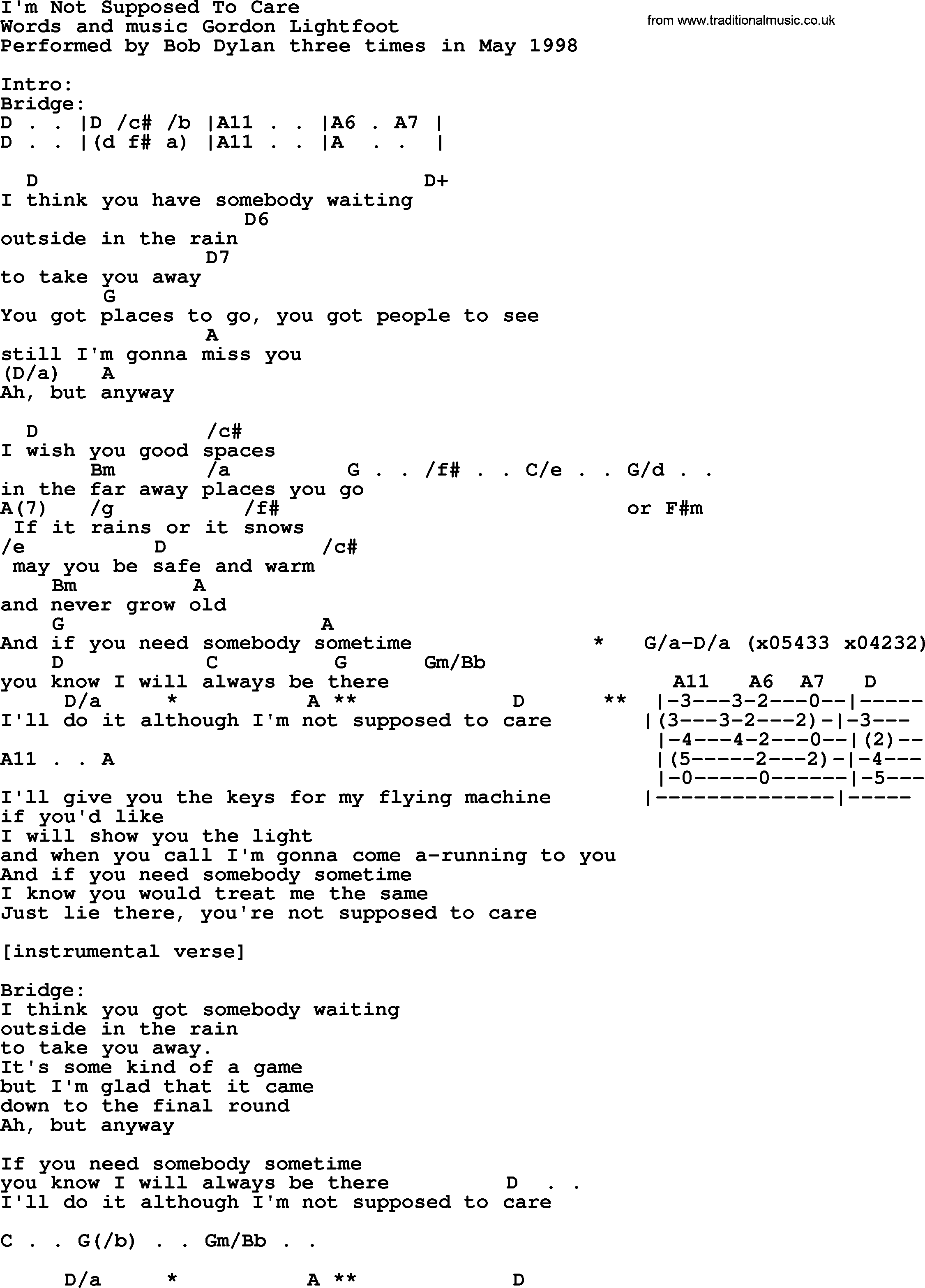 Bob Dylan song, lyrics with chords - I'm Not Supposed To Care