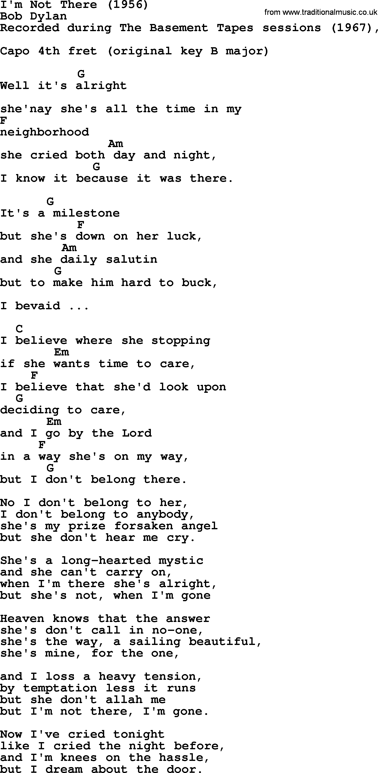 Bob Dylan song, lyrics with chords - I'm Not There (1956)