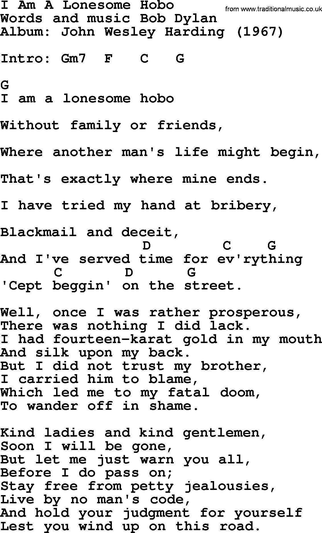 Bob Dylan song, lyrics with chords - I Am A Lonesome Hobo