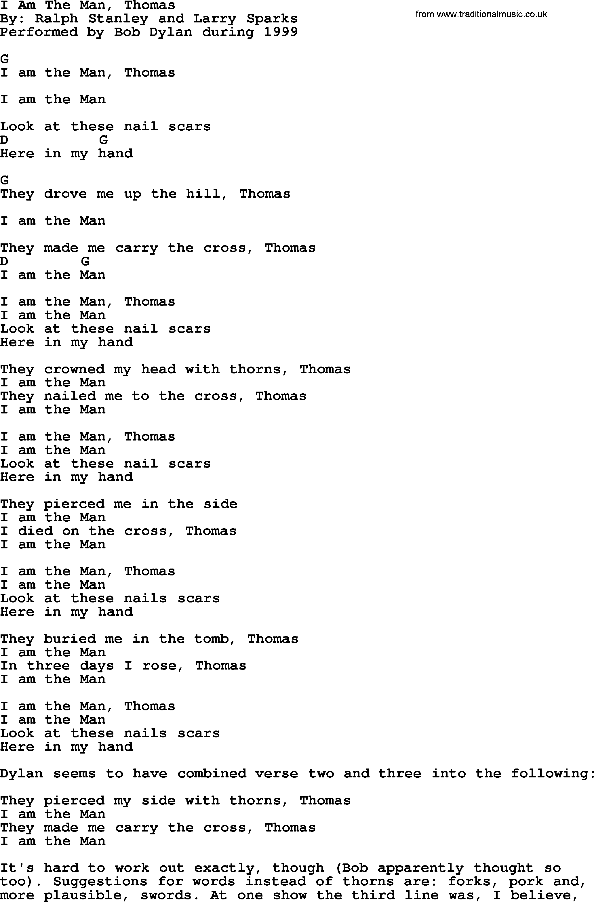 Bob Dylan song, lyrics with chords - I Am The Man, Thomas