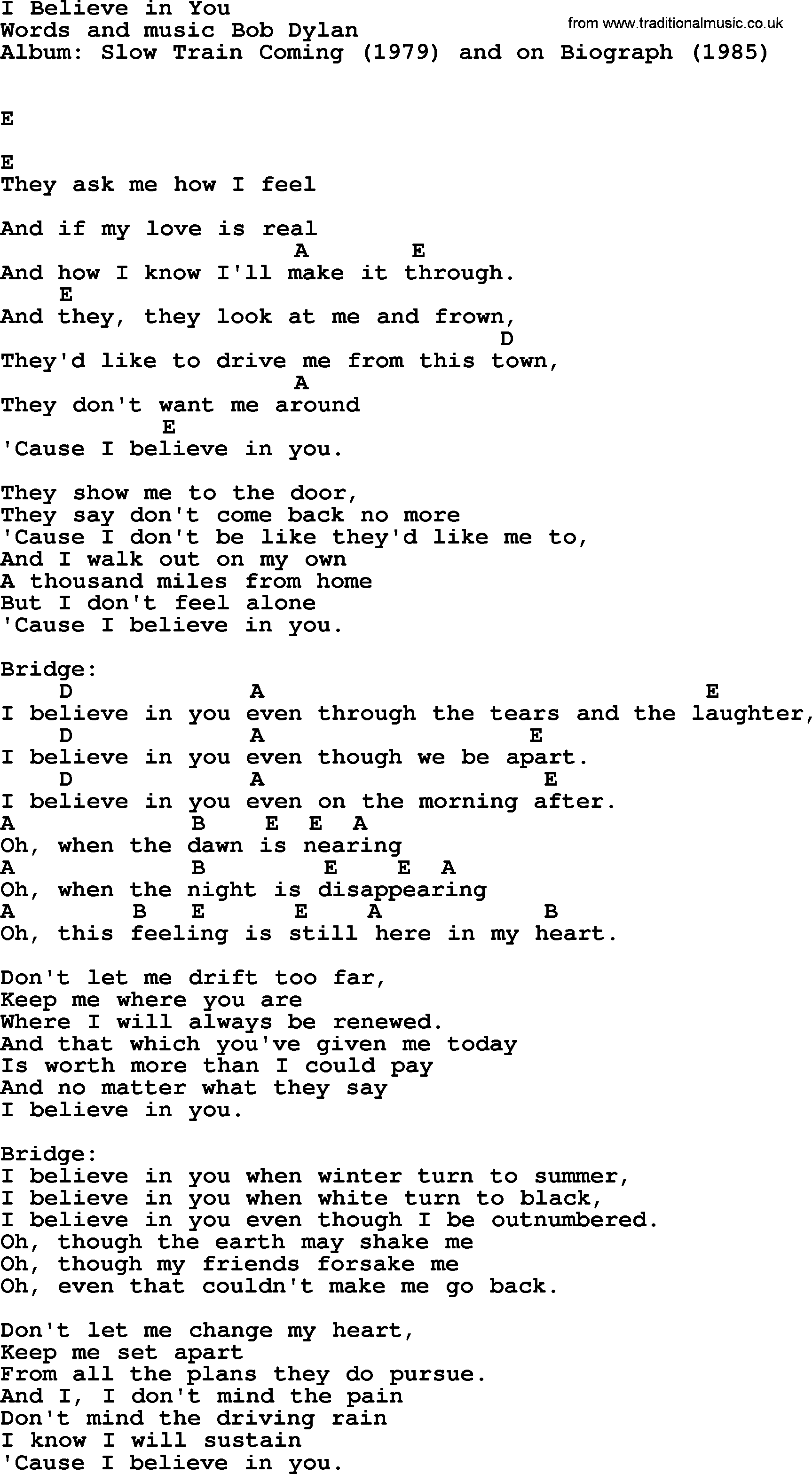 Bob Dylan song, lyrics with chords - I Believe in You