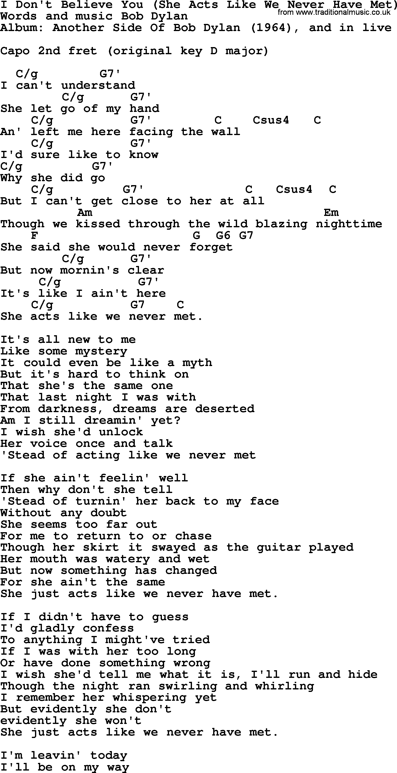 Bob Dylan song, lyrics with chords - I Don't Believe You (She Acts Like We Never Have Met)