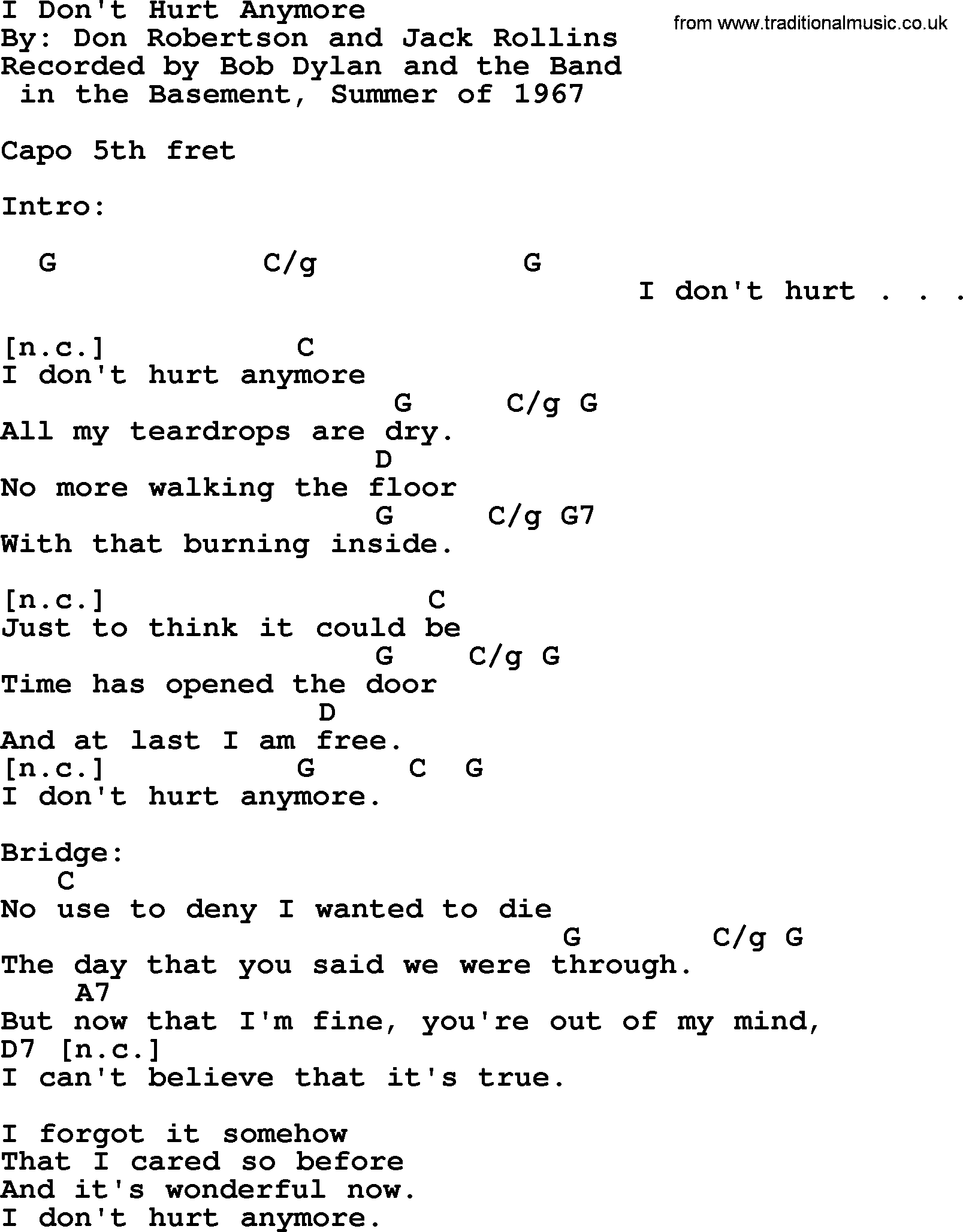 Bob Dylan song, lyrics with chords - I Don't Hurt Anymore