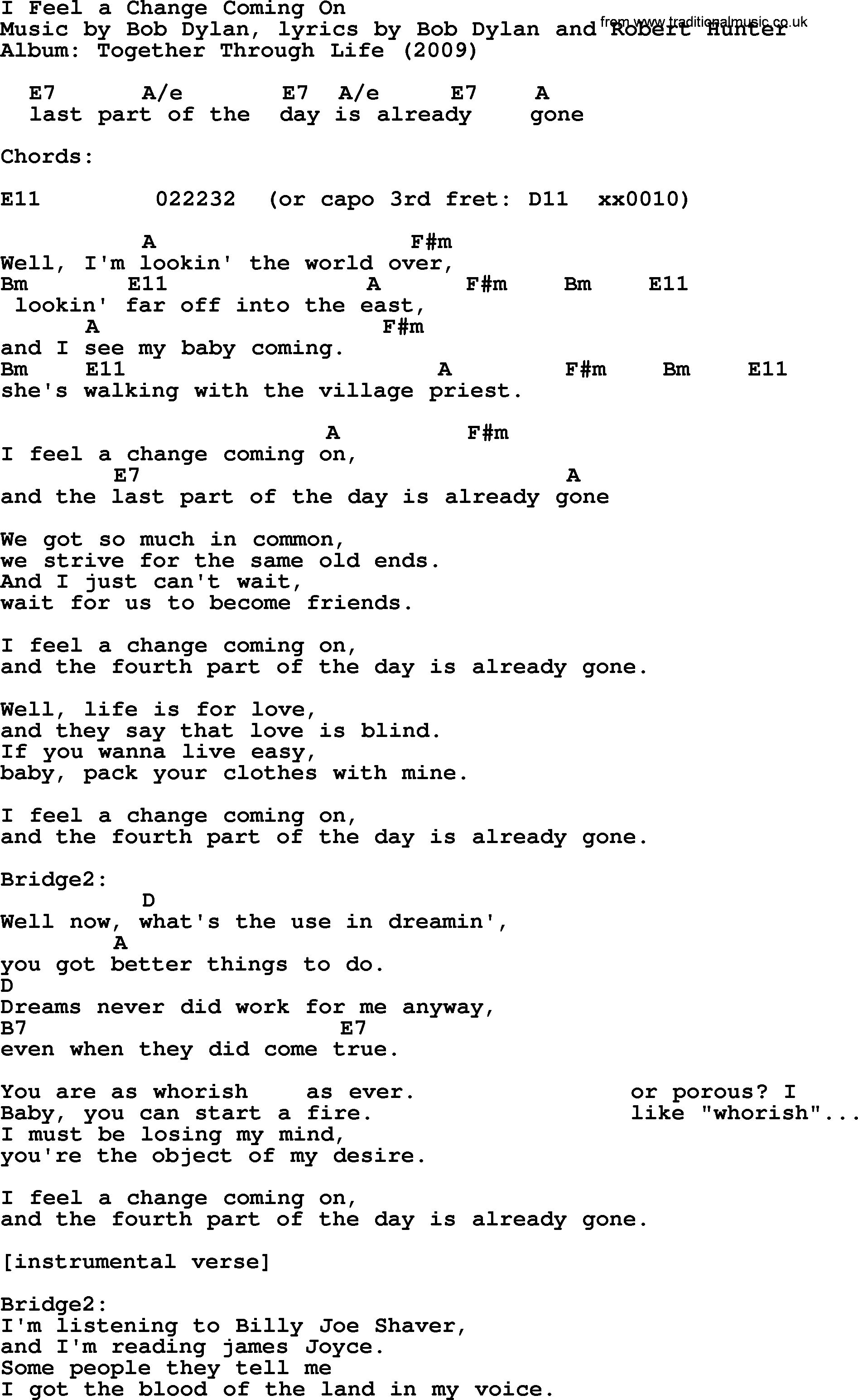 Bob Dylan song, lyrics with chords - I Feel a Change Coming On
