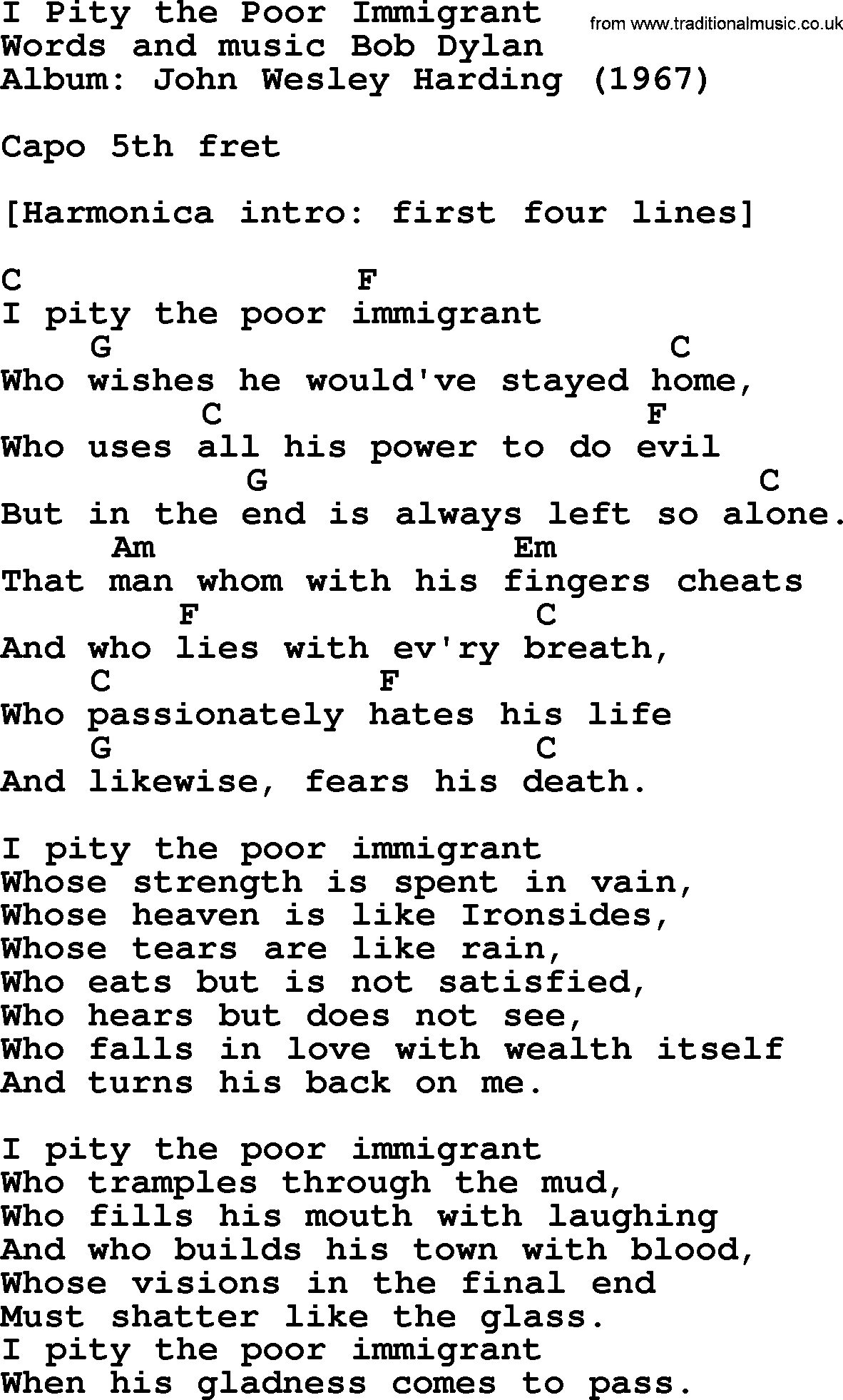 Bob Dylan song, lyrics with chords - I Pity the Poor Immigrant