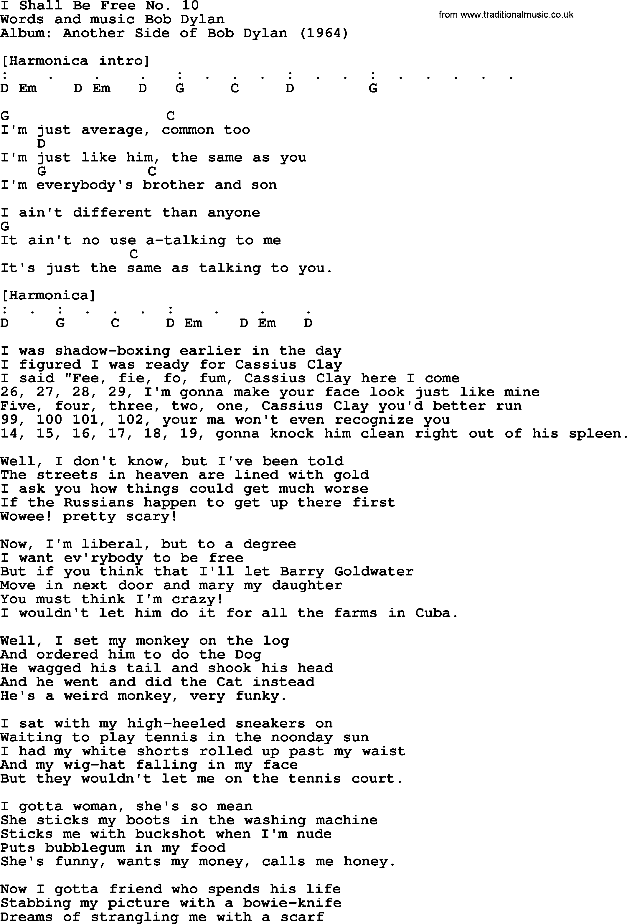 Bob Dylan song, lyrics with chords - I Shall Be Free No. 10
