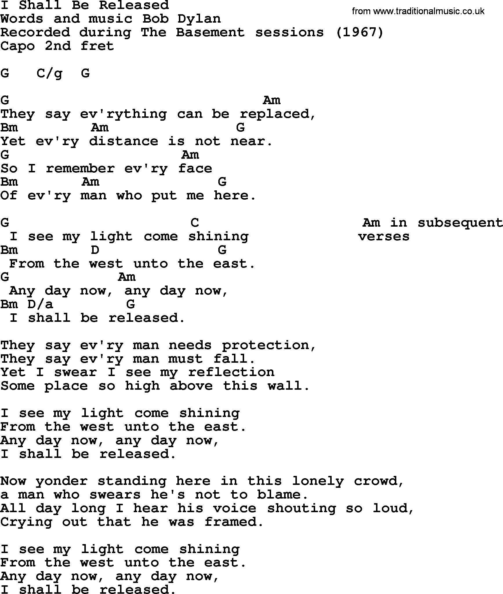Bob Dylan song, lyrics with chords - I Shall Be Released