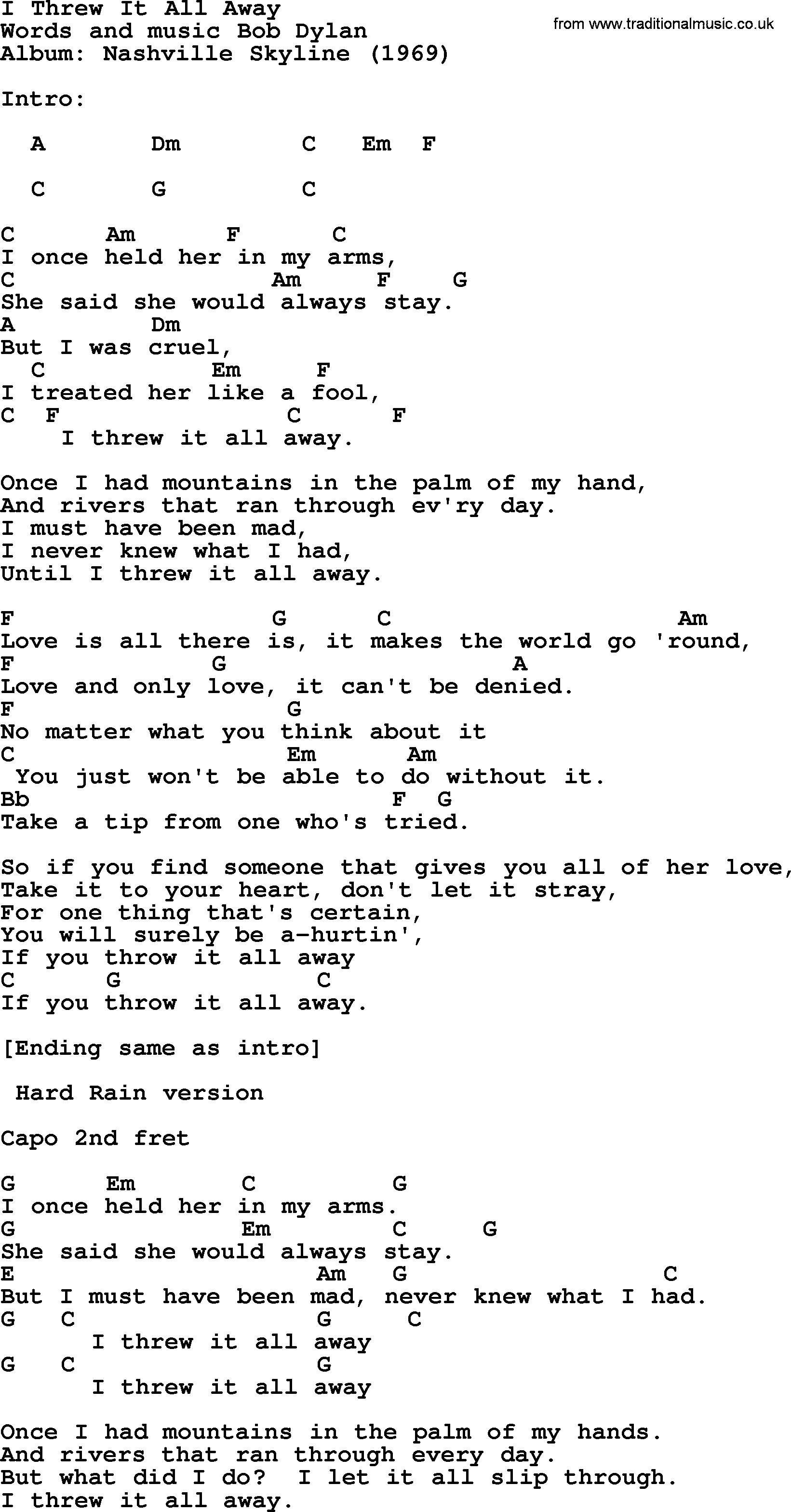 Bob Dylan song, lyrics with chords - I Threw It All Away