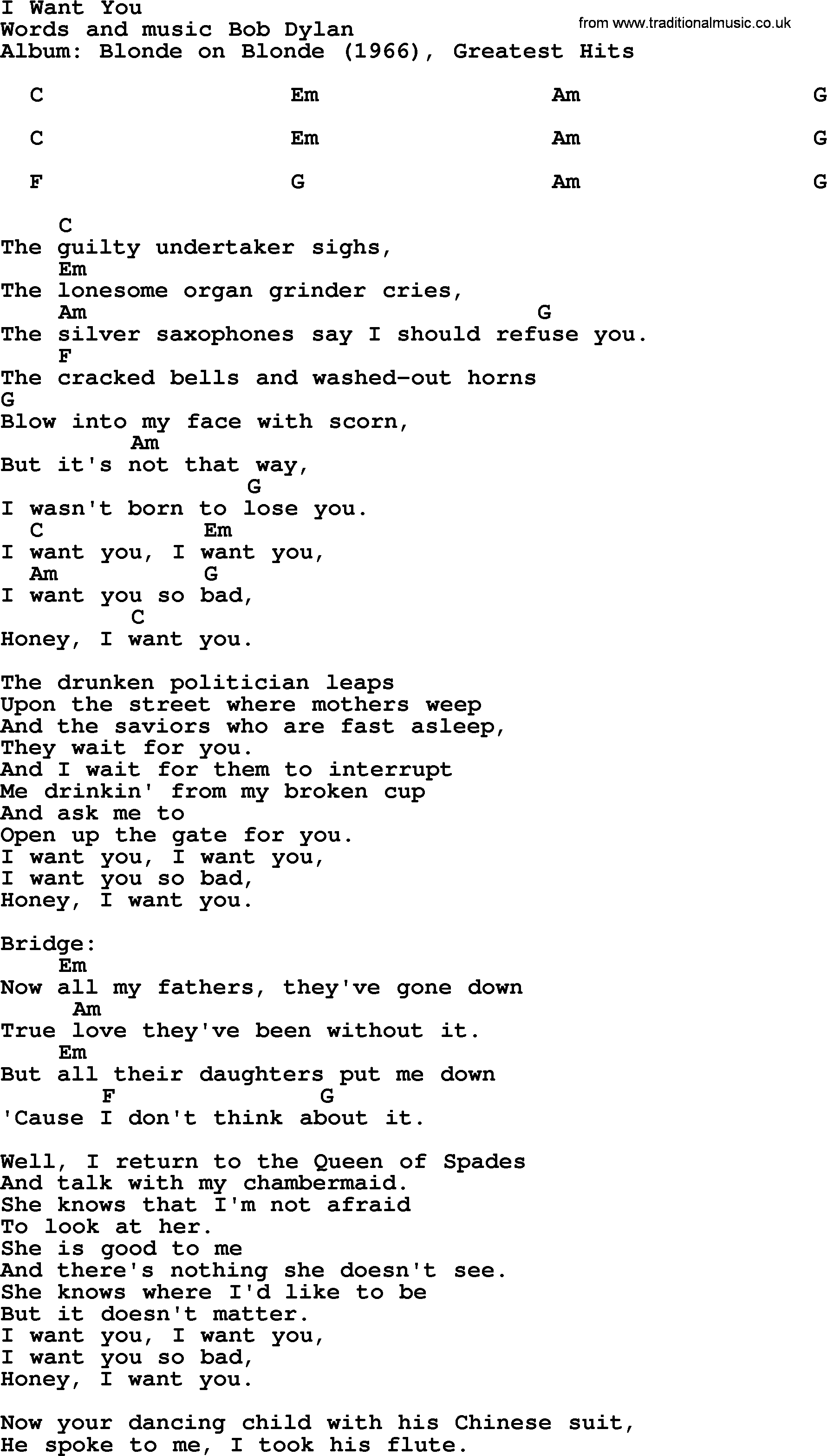 Bob Dylan song, lyrics with chords - I Want You