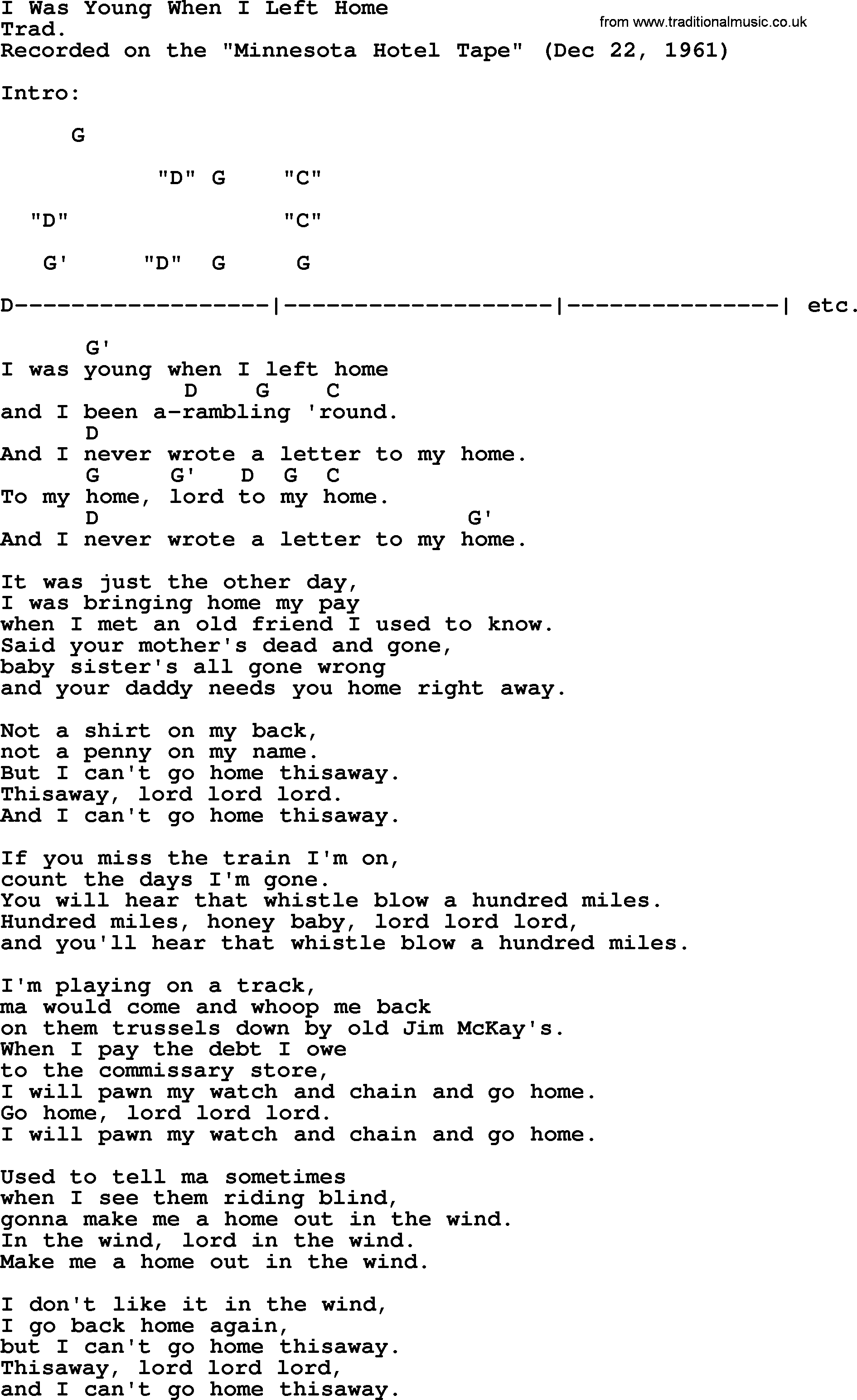 Bob Dylan song, lyrics with chords - I Was Young When I Left Home
