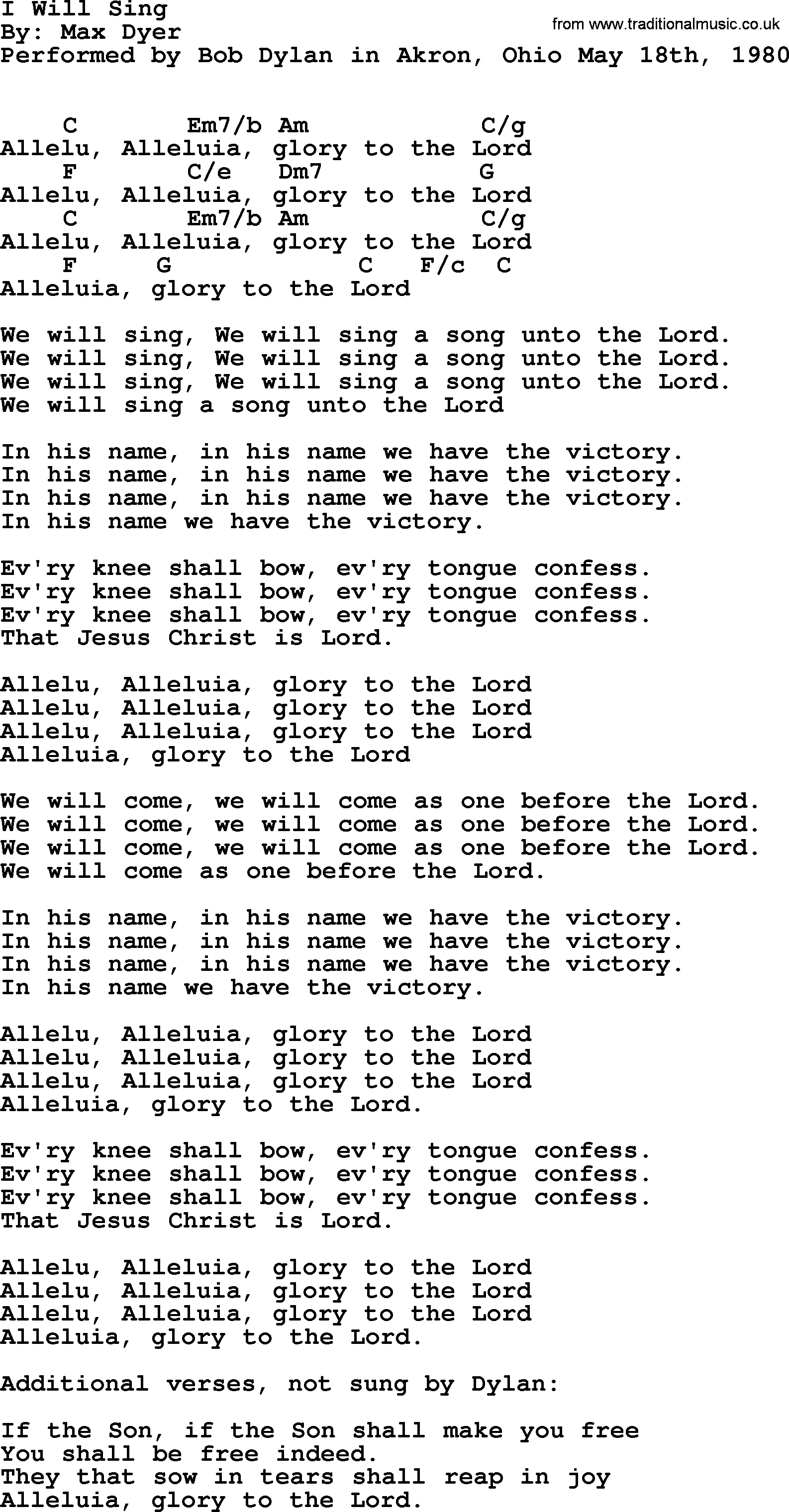 Bob Dylan song, lyrics with chords - I Will Sing
