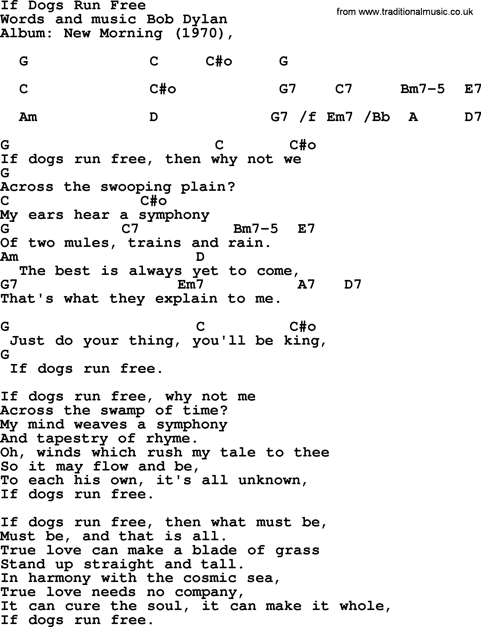 Bob Dylan song, lyrics with chords - If Dogs Run Free