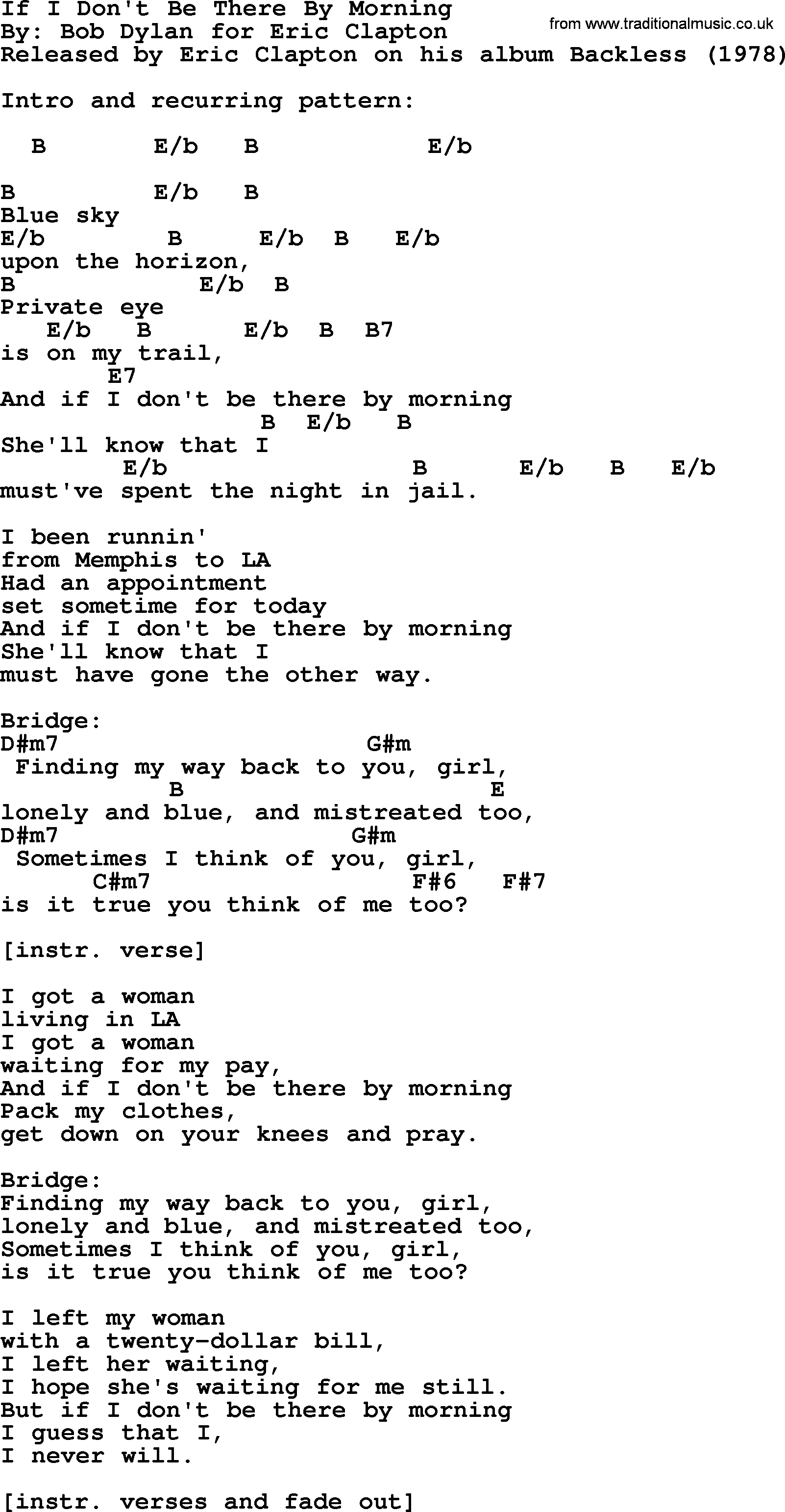 Bob Dylan song, lyrics with chords - If I Don't Be There By Morning