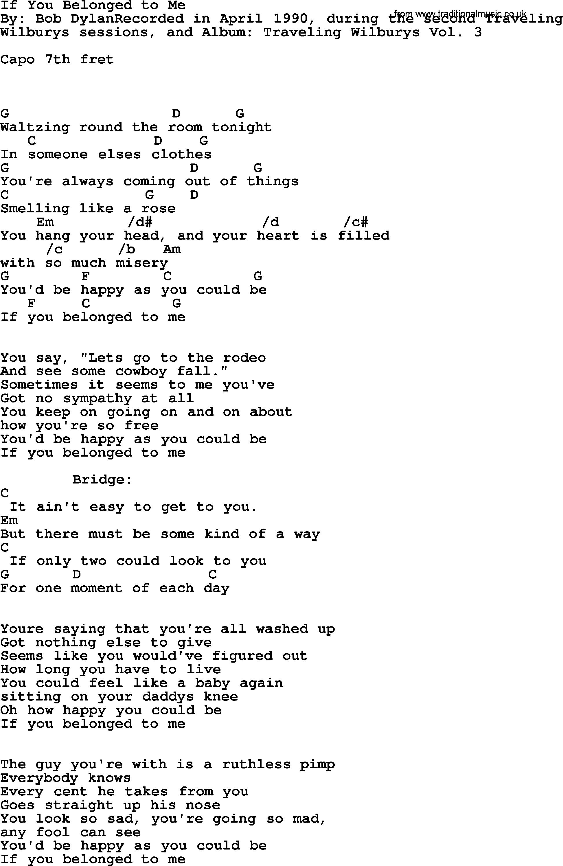 Bob Dylan song, lyrics with chords - If You Belonged to Me
