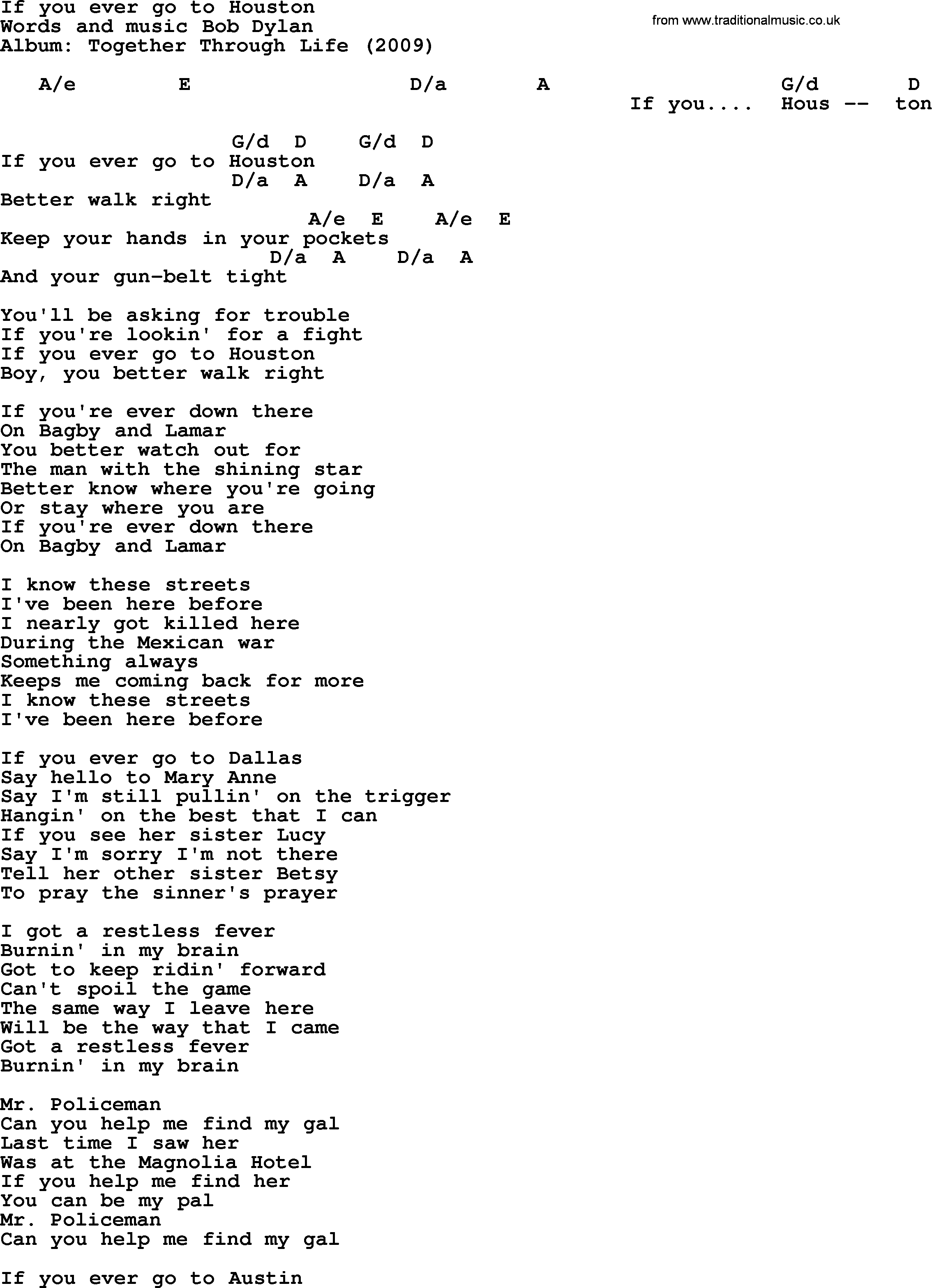 Bob Dylan song, lyrics with chords - If you ever go to Houston