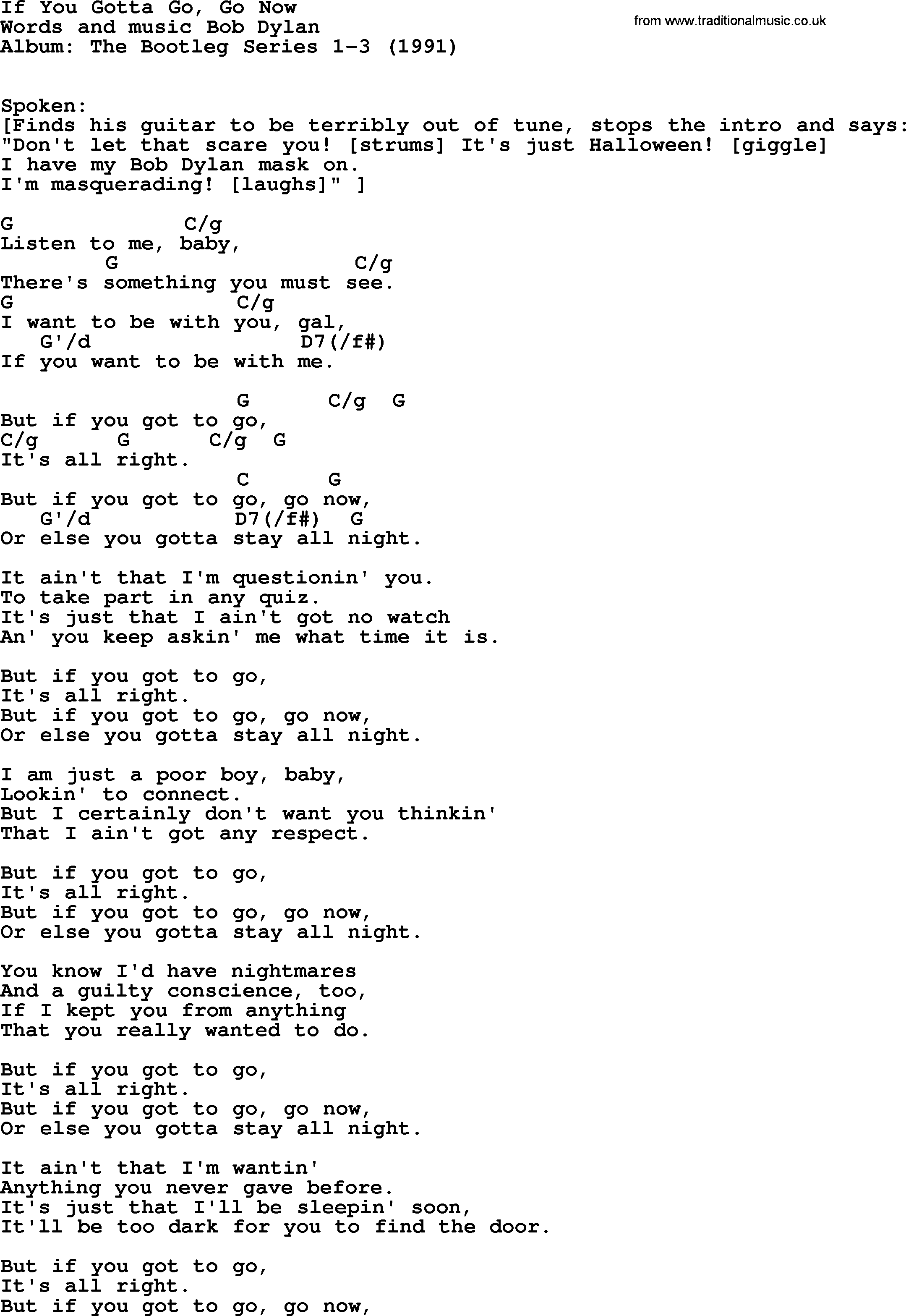 Bob Dylan song, lyrics with chords - If You Gotta Go, Go Now