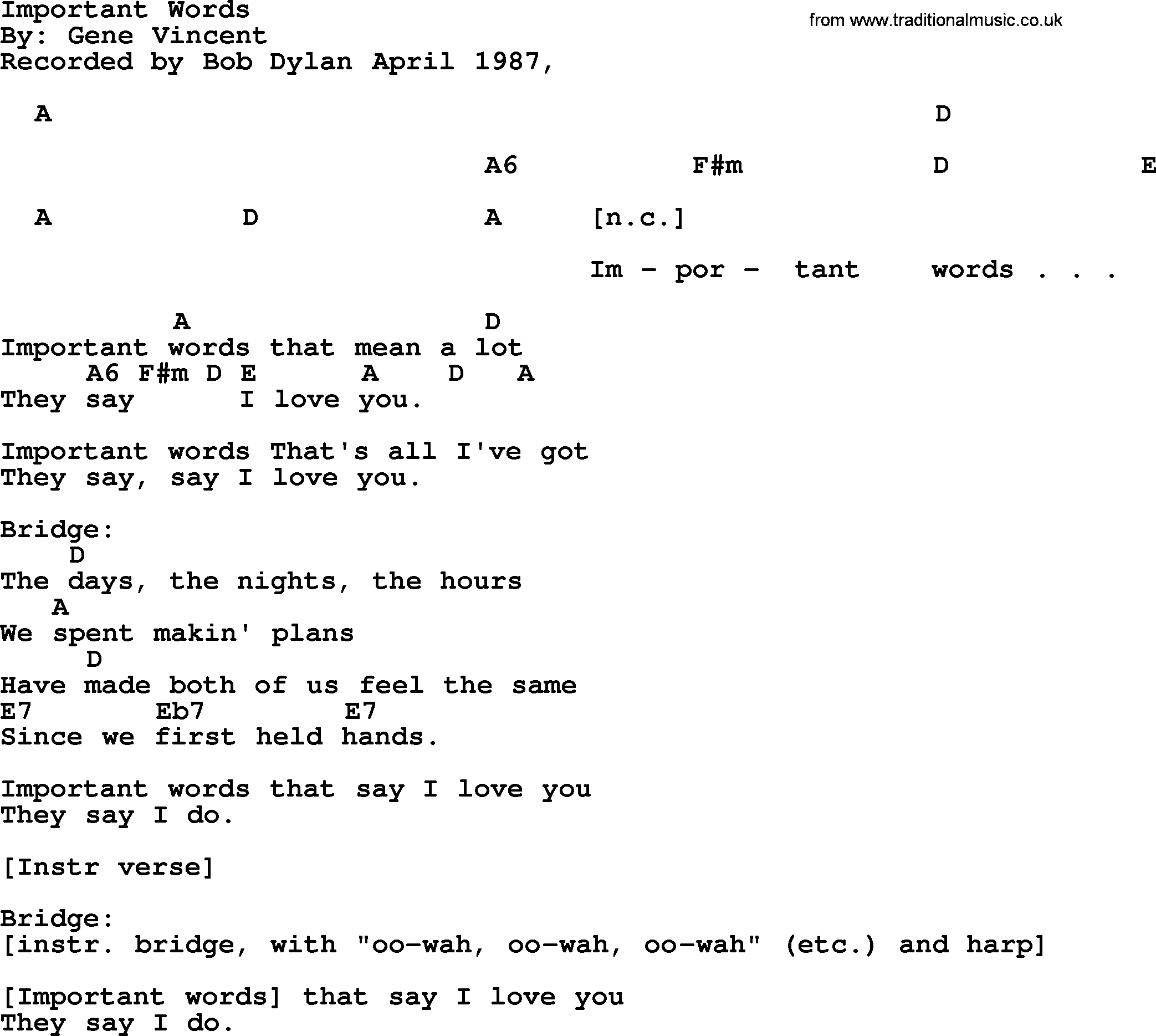 Bob Dylan song, lyrics with chords - Important Words