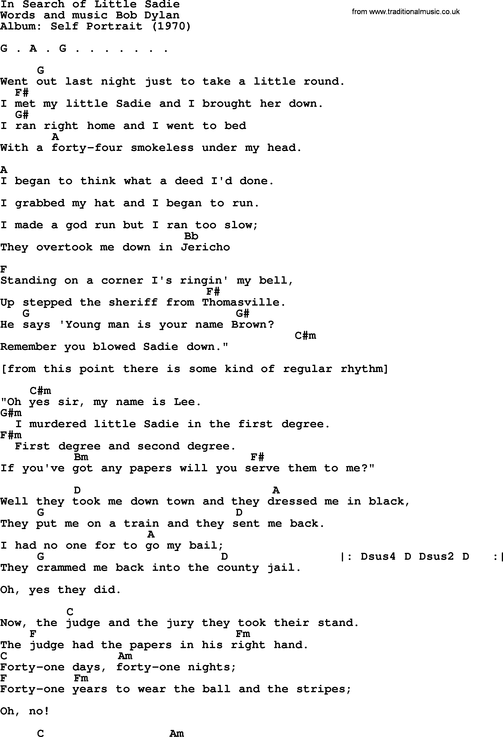 Bob Dylan song, lyrics with chords - In Search of Little Sadie