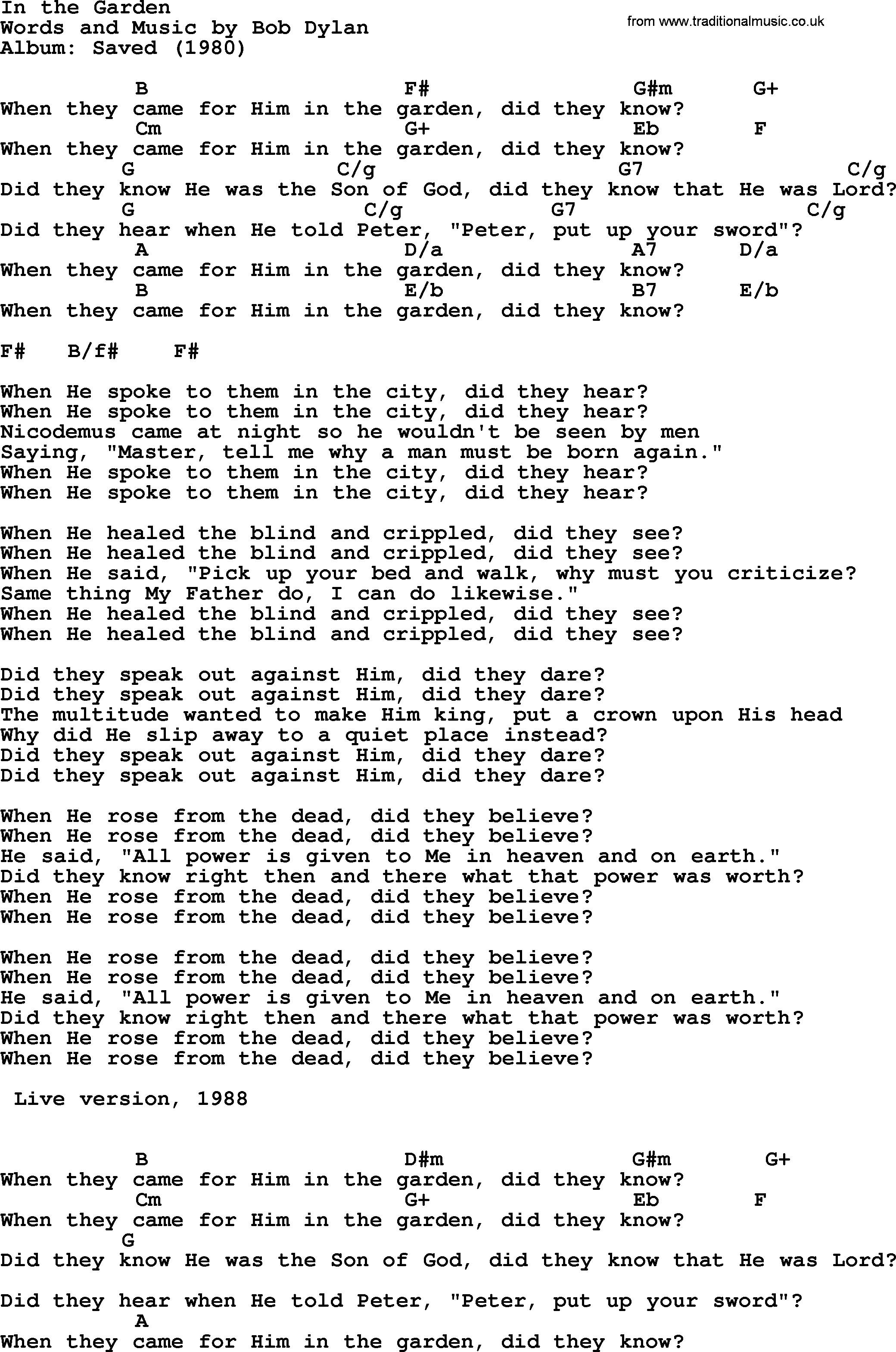 Bob Dylan song, lyrics with chords - In the Garden