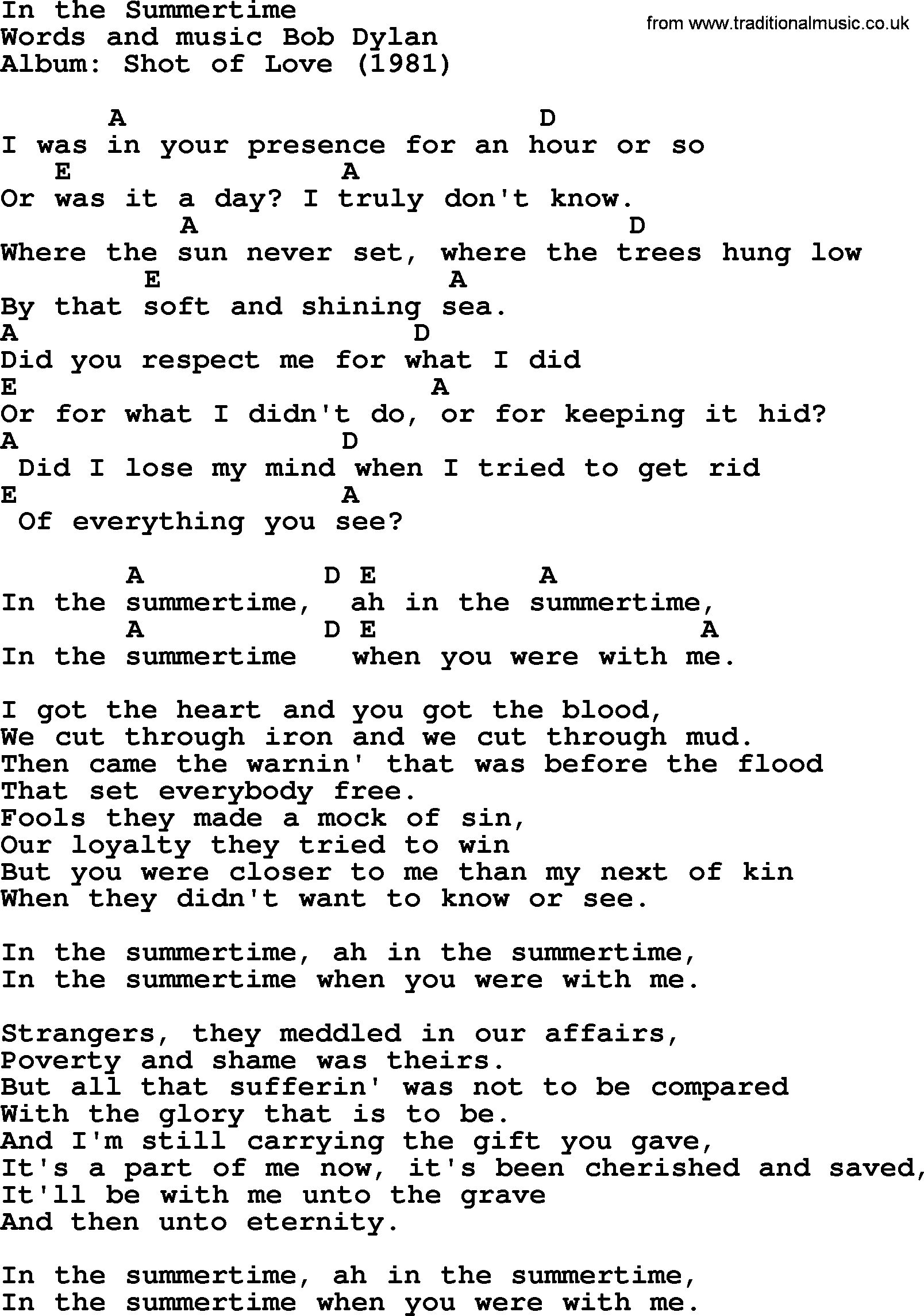 Bob Dylan song, lyrics with chords - In the Summertime