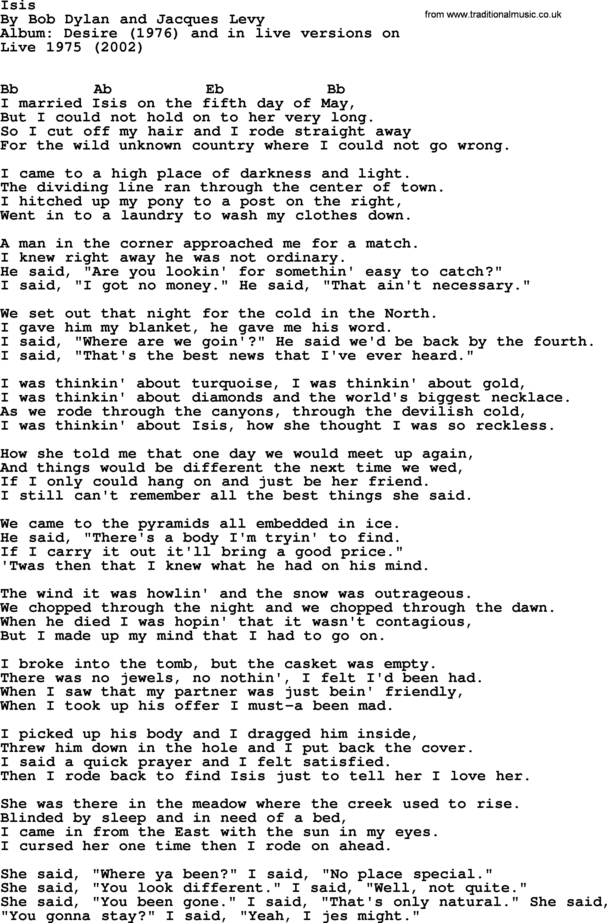 Bob Dylan song, lyrics with chords - Isis