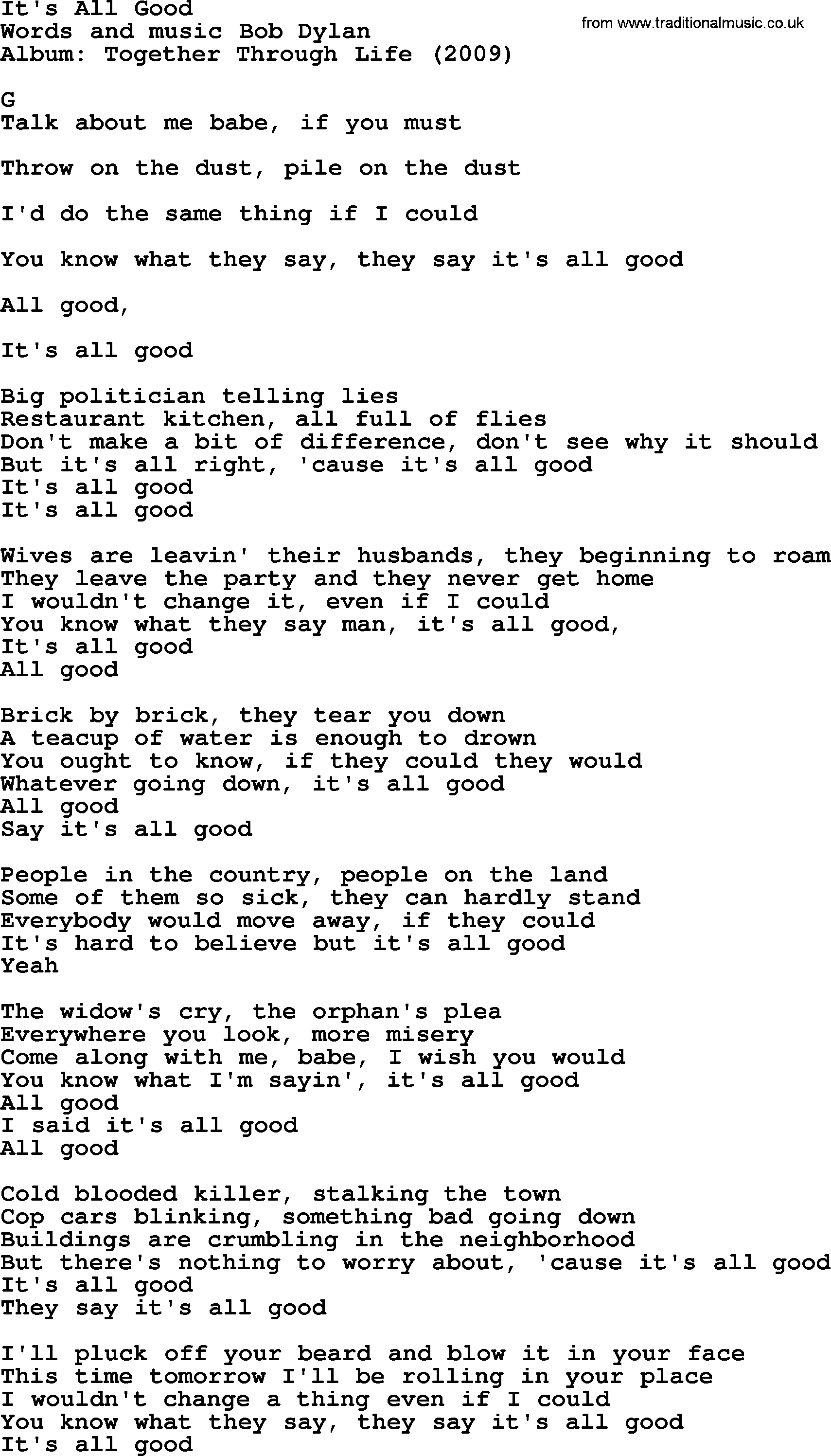 Bob Dylan song, lyrics with chords - It's All Good