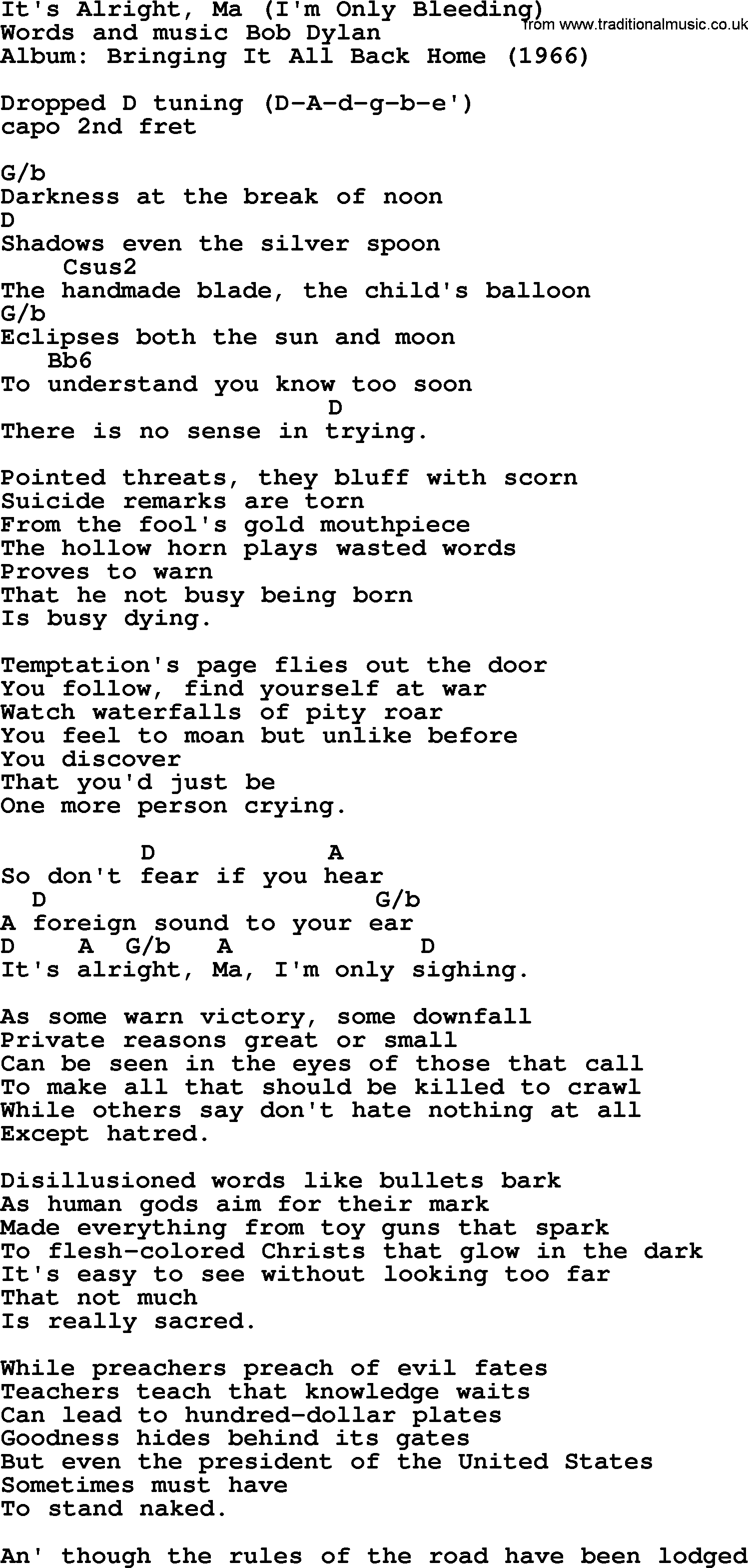 Bob Dylan song, lyrics with chords - It's Alright, Ma (I'm Only Bleeding)
