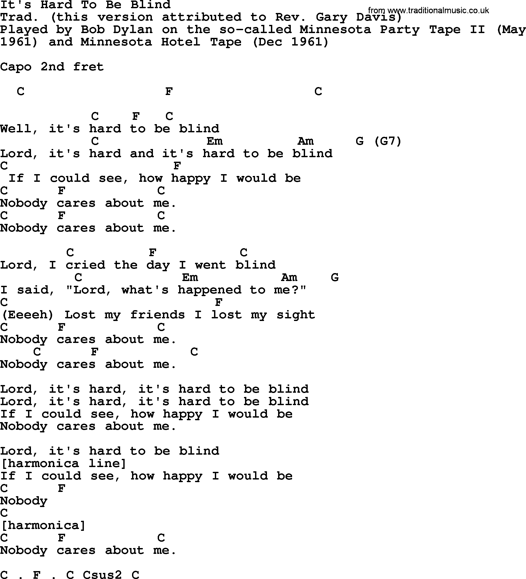 Bob Dylan song, lyrics with chords - It's Hard To Be Blind