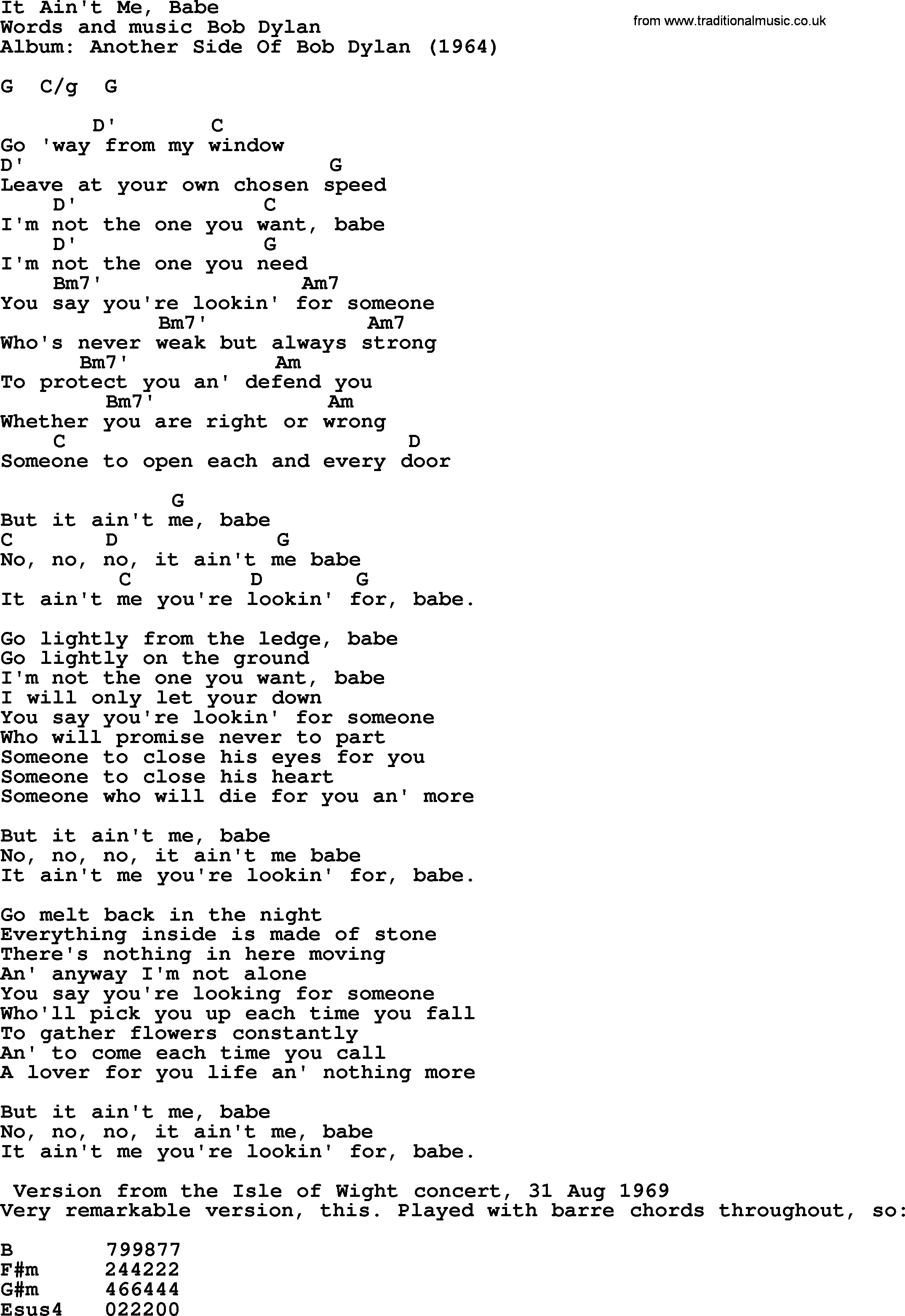 Bob Dylan song, lyrics with chords - It Ain't Me, Babe