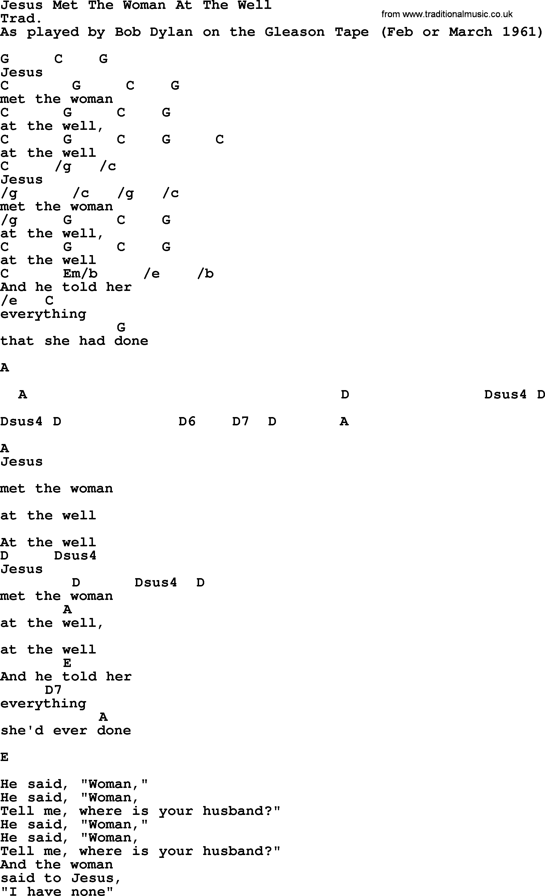 Bob Dylan song, lyrics with chords - Jesus Met The Woman At The Well