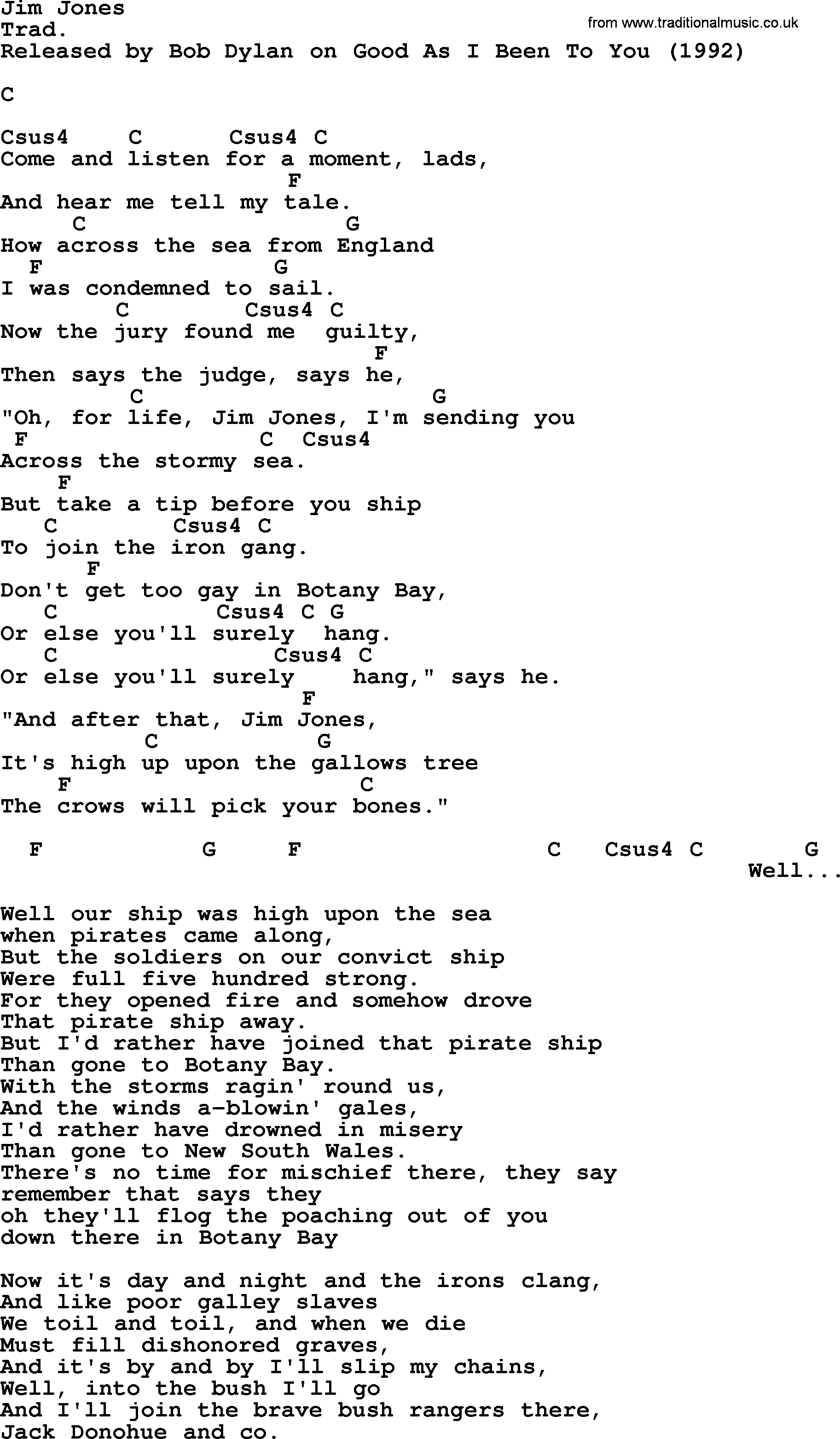 Bob Dylan song, lyrics with chords - Jim Jones