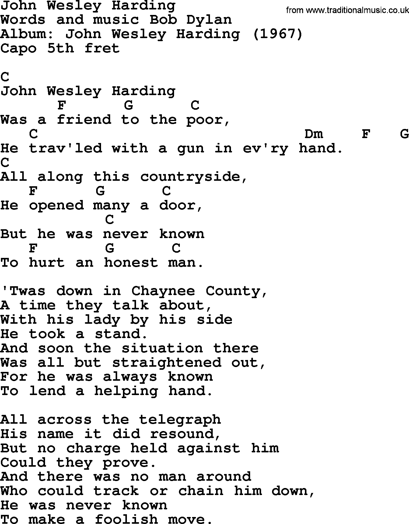 Bob Dylan song, lyrics with chords - John Wesley Harding