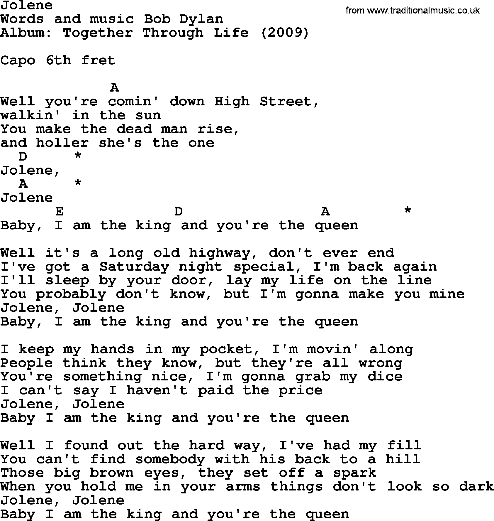 Bob Dylan song, lyrics with chords - Jolene