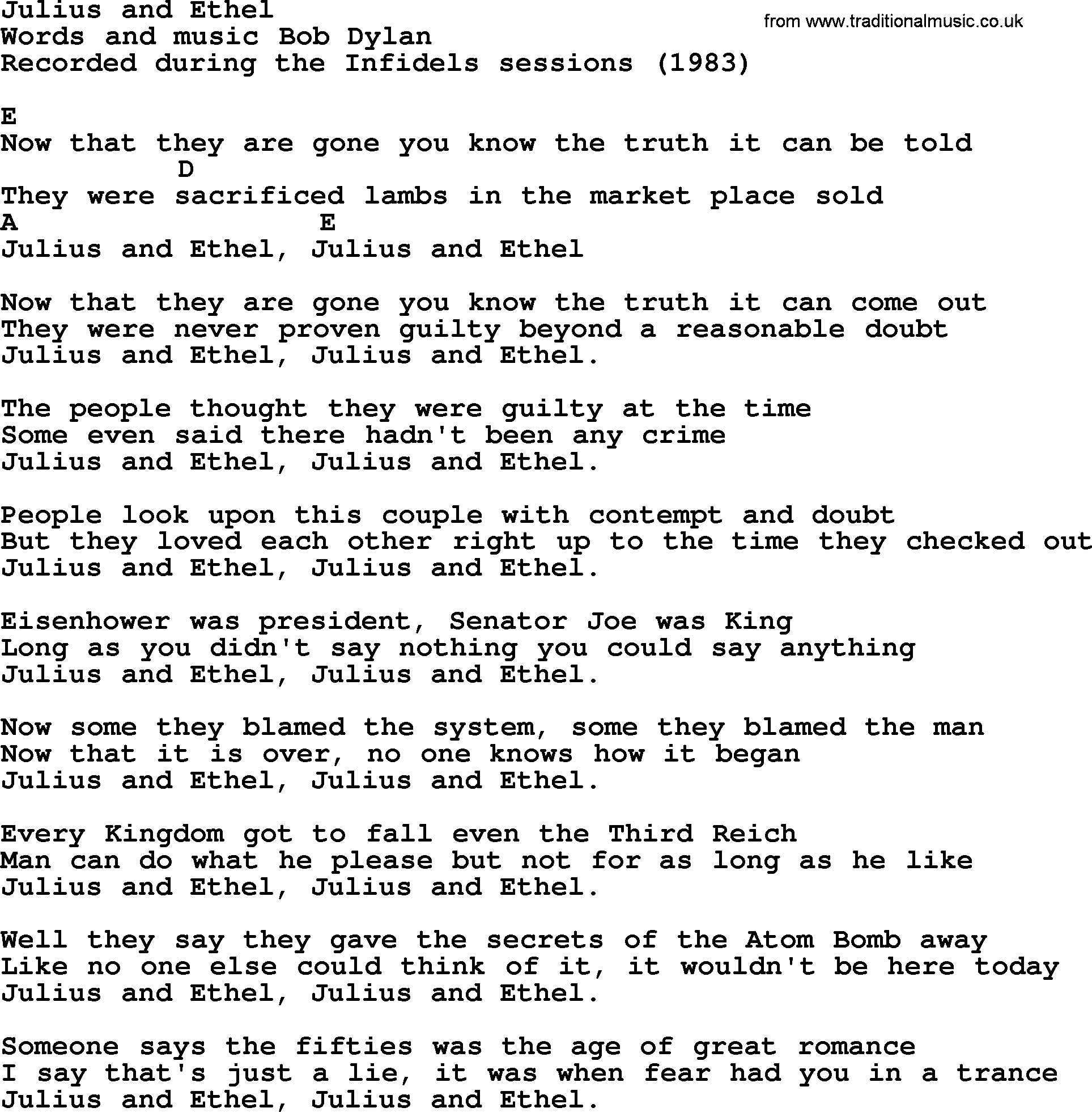 Bob Dylan song, lyrics with chords - Julius and Ethel