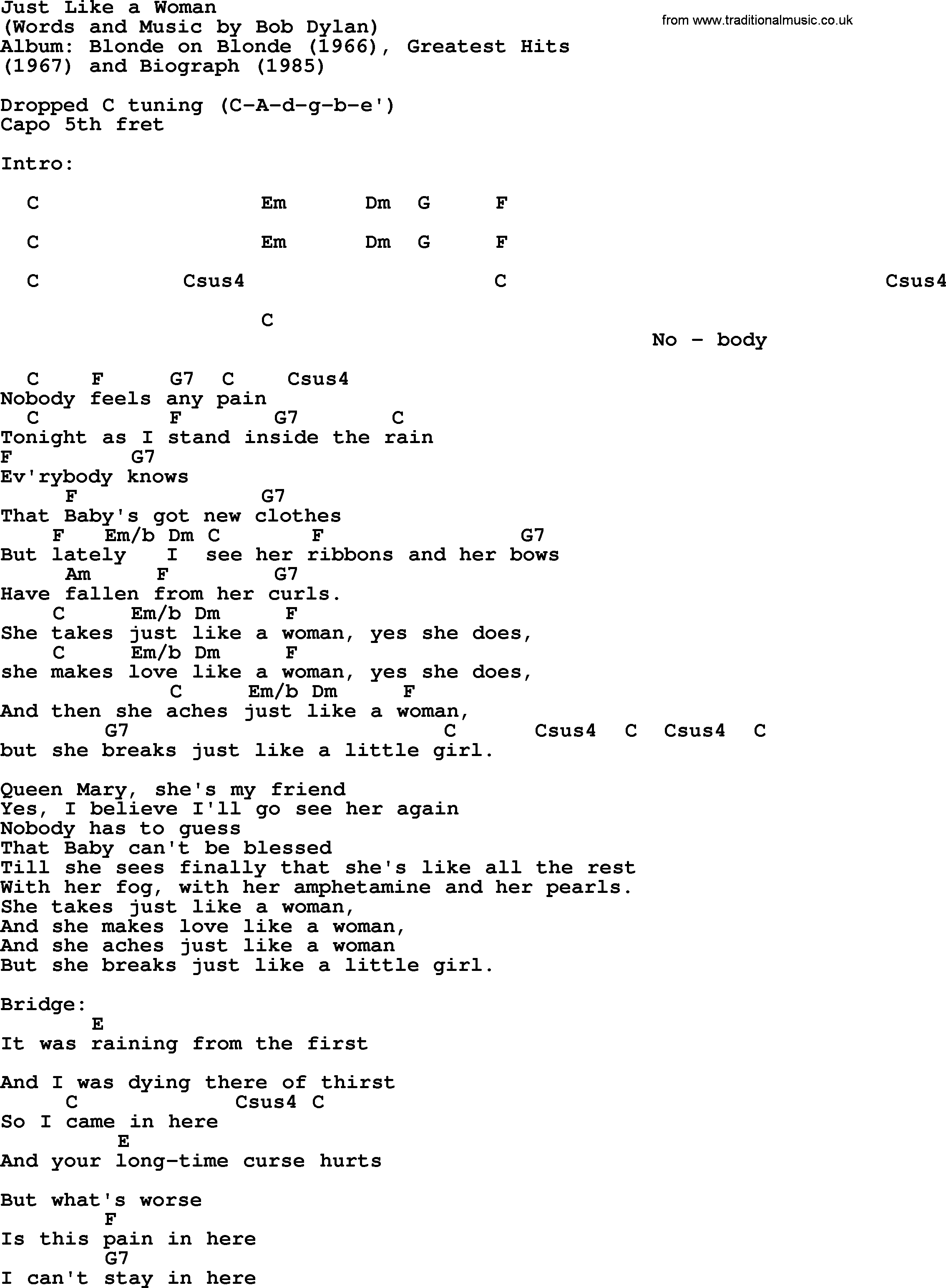 Bob Dylan song, lyrics with chords - Just Like a Woman