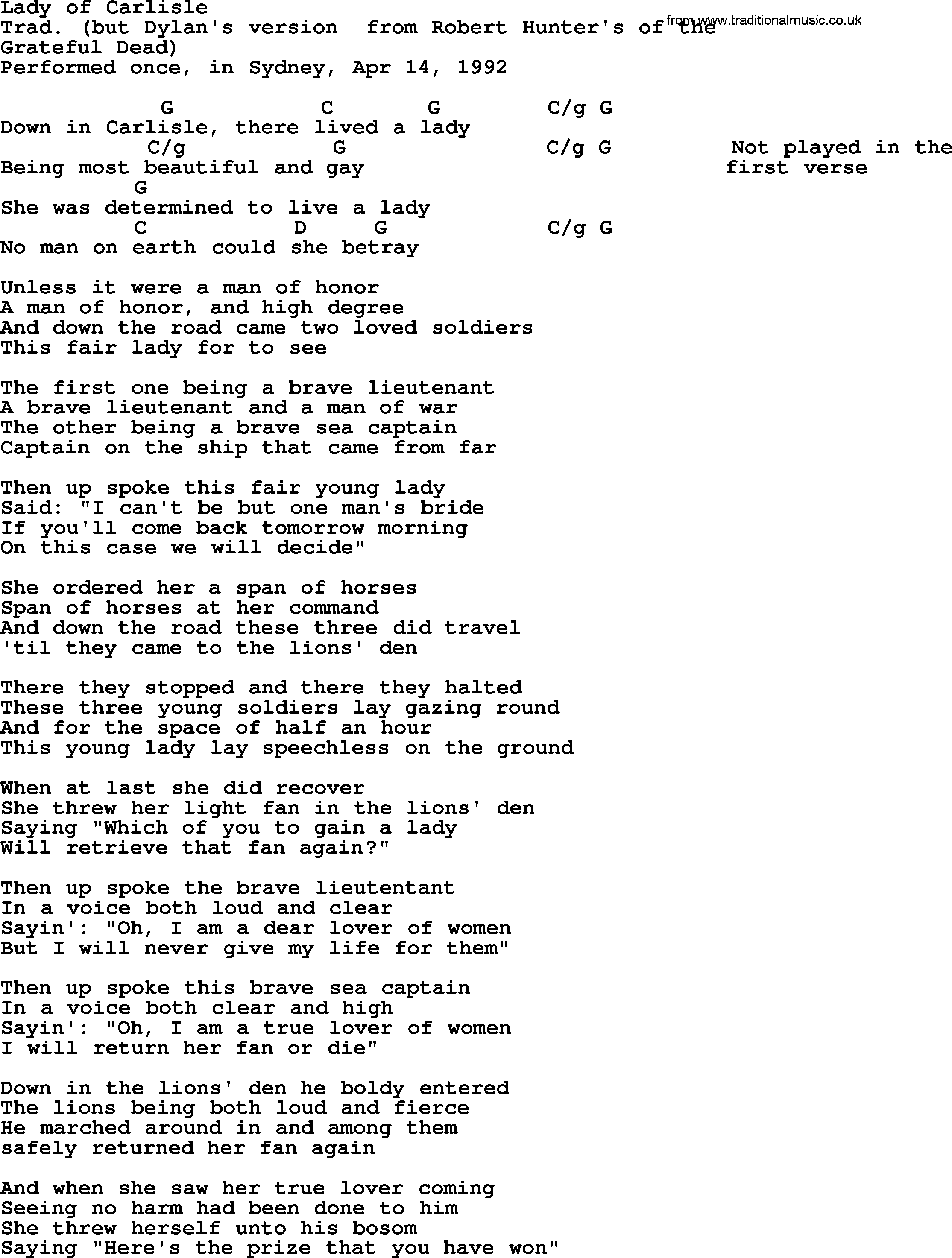 Bob Dylan song, lyrics with chords - Lady of Carlisle