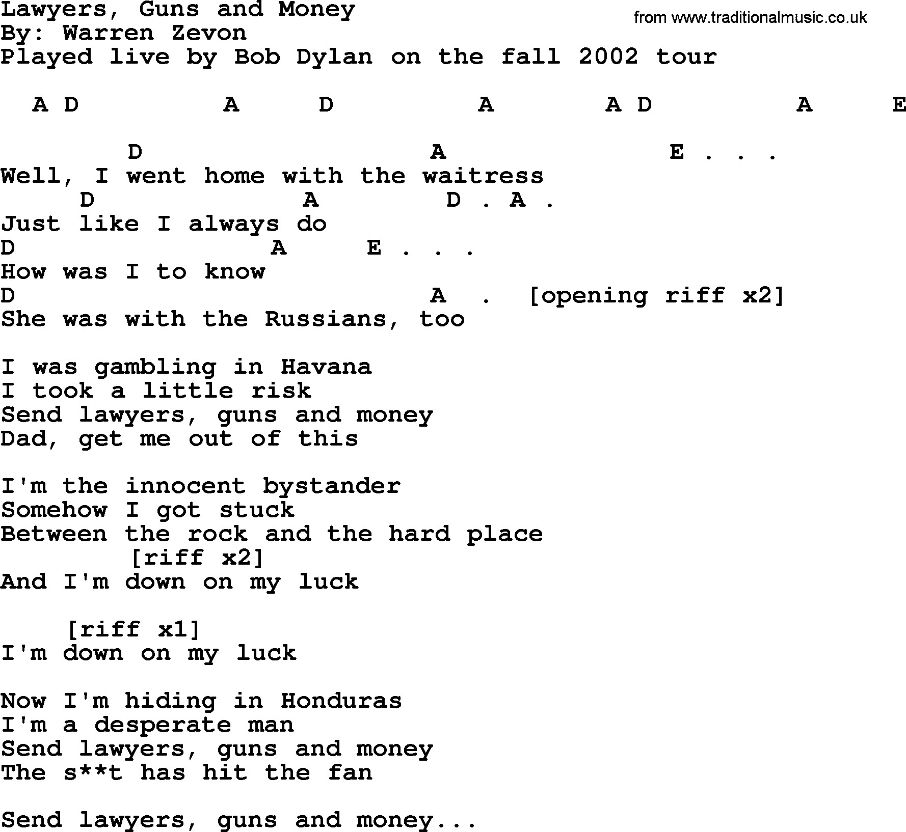 Bob Dylan song, lyrics with chords - Lawyers, Guns and Money