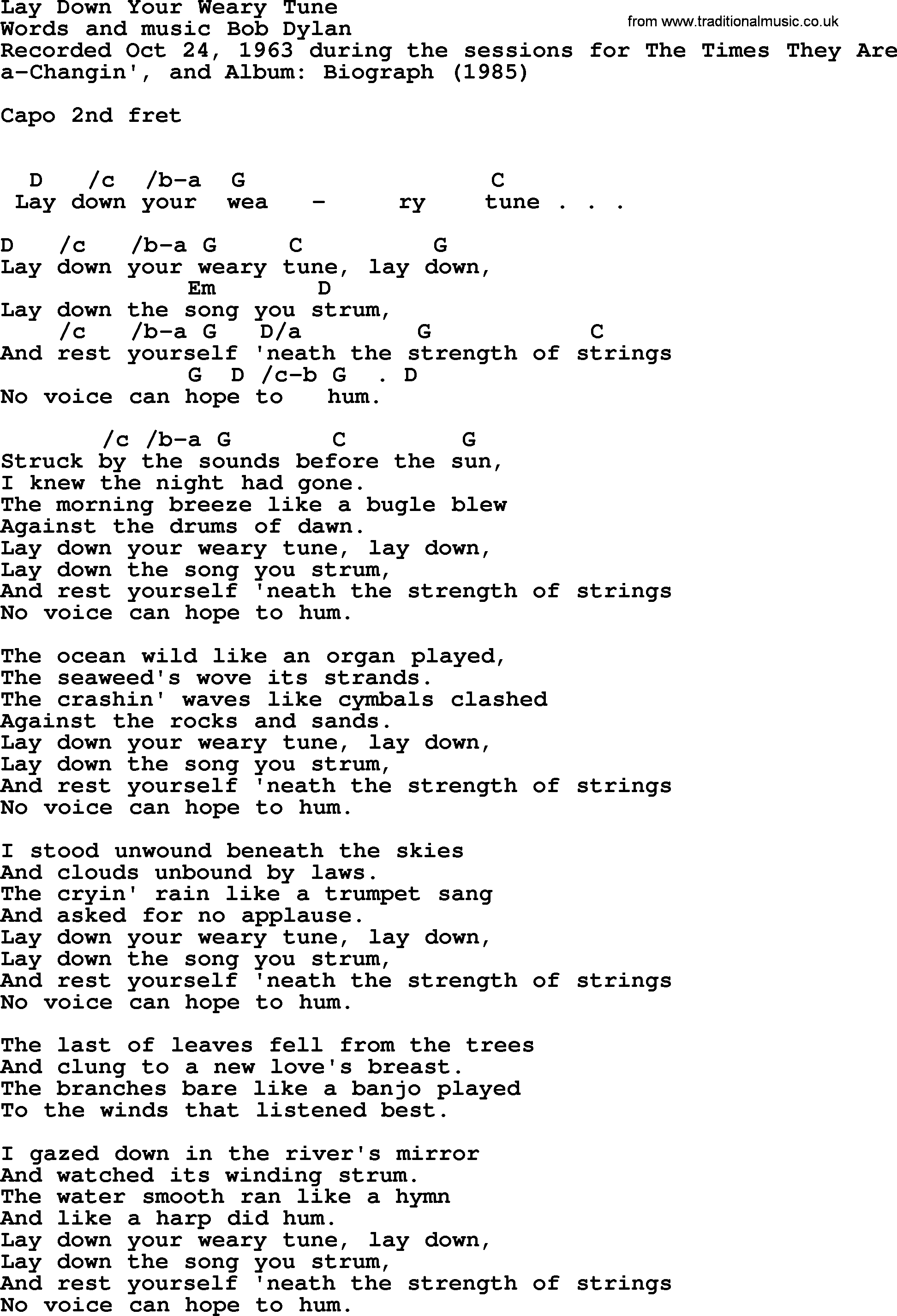 Bob Dylan song, lyrics with chords - Lay Down Your Weary Tune