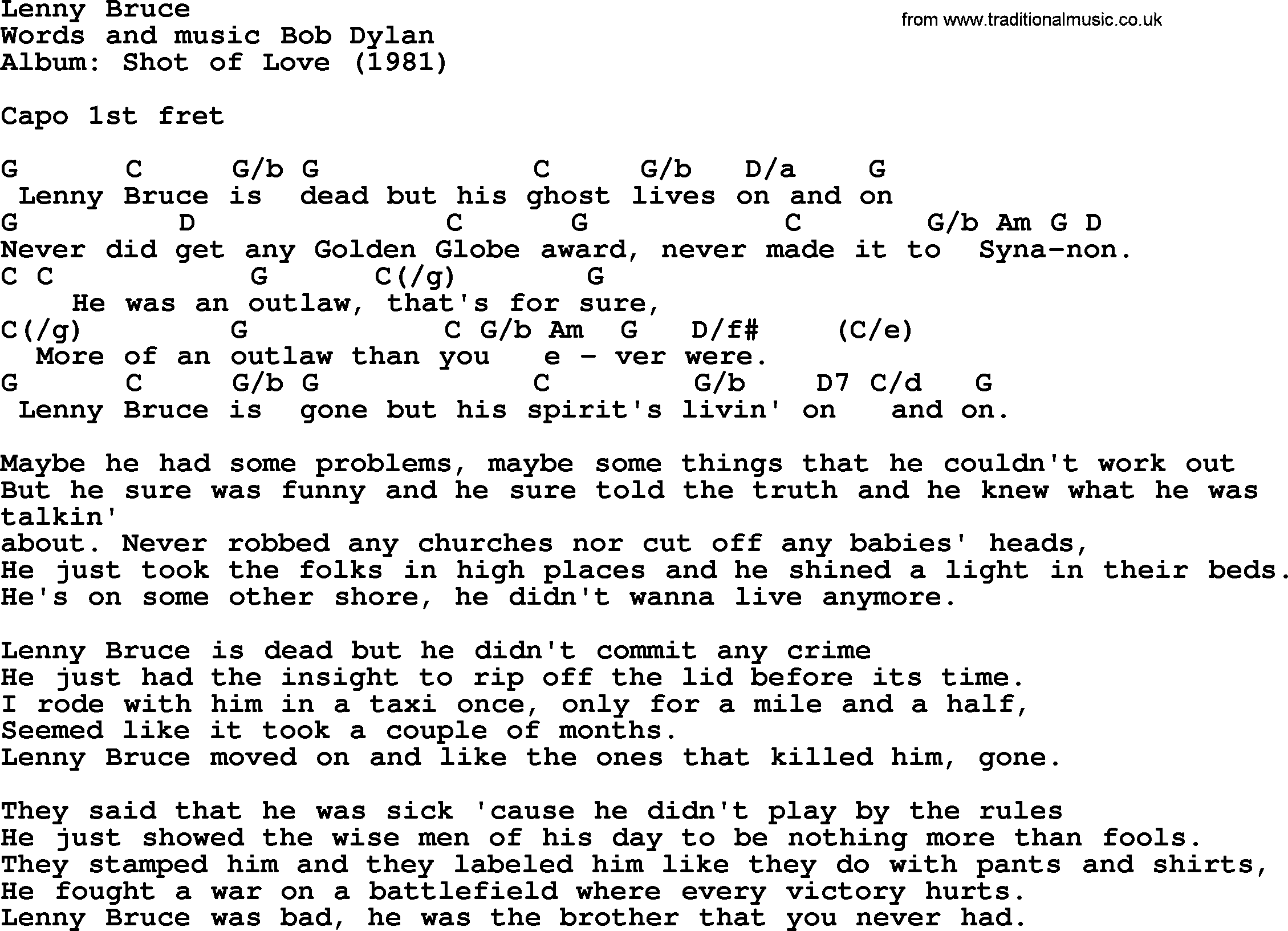 Bob Dylan song, lyrics with chords - Lenny Bruce